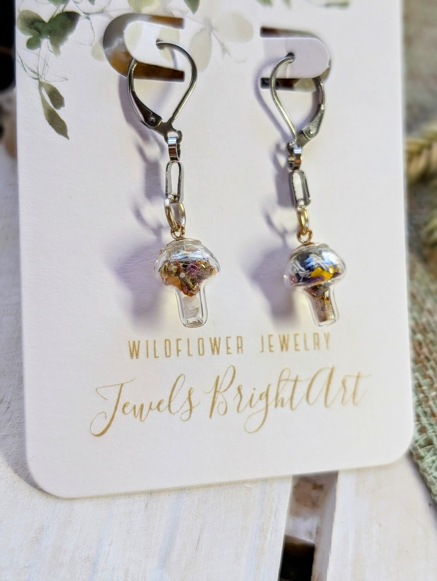 Mushroom Unique Handcrafted Floral Earrings with Wildflowers and Quartz