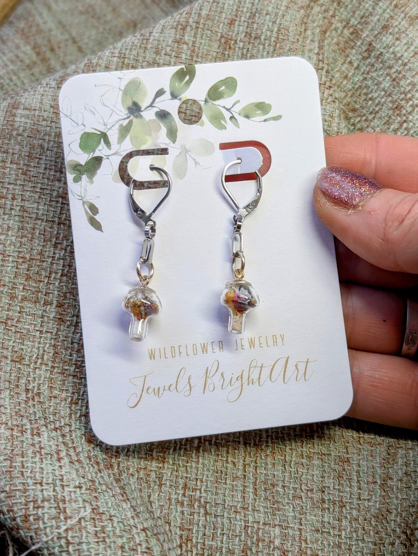Mushroom Unique Handcrafted Floral Earrings with Wildflowers and Quartz
