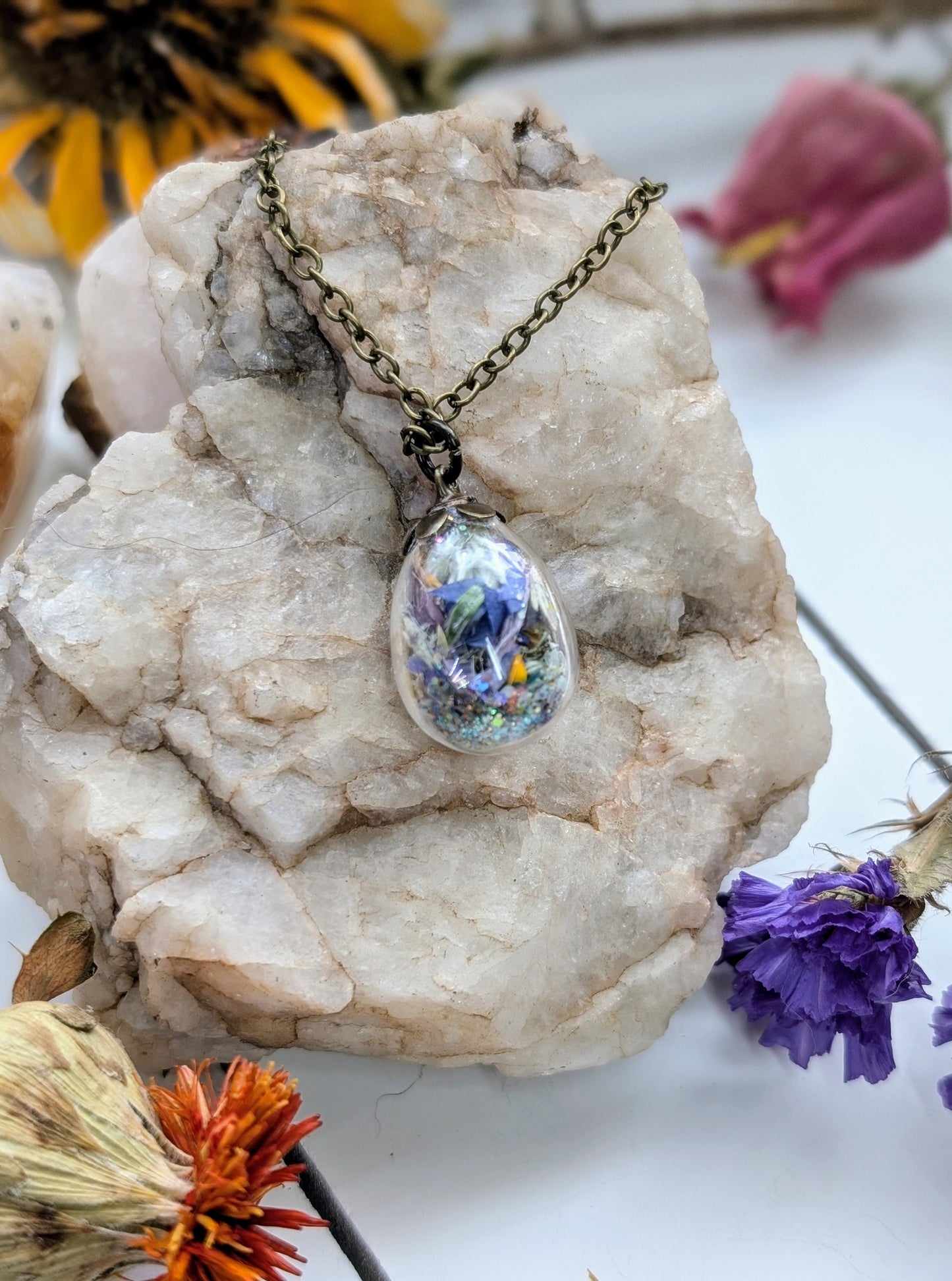 Unique Handcrafted Floral Necklace with Turquoise Crystals and Wildflowers