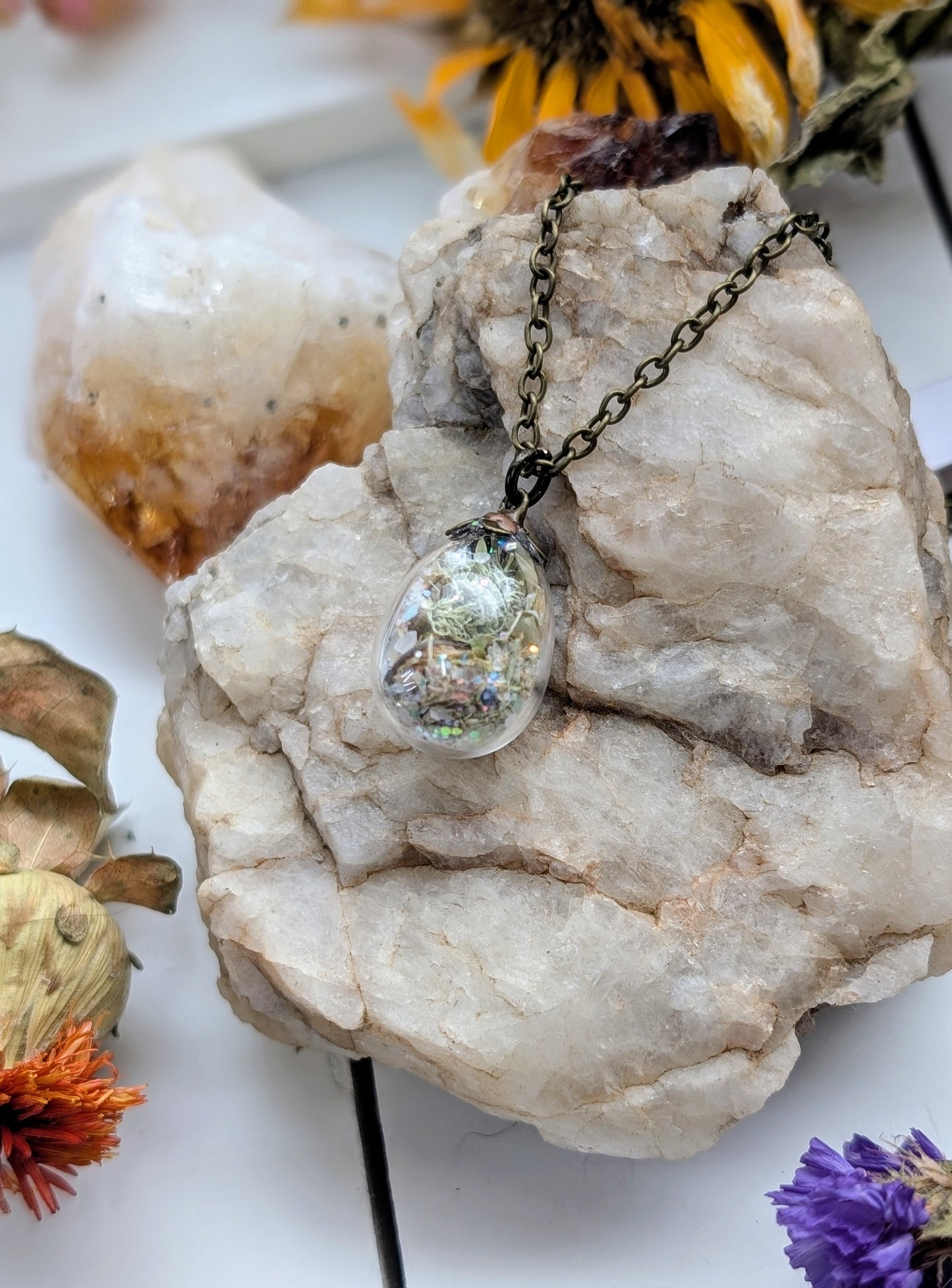 Unique Handcrafted Floral Necklace with Moonstone Crystals and Wildflowers