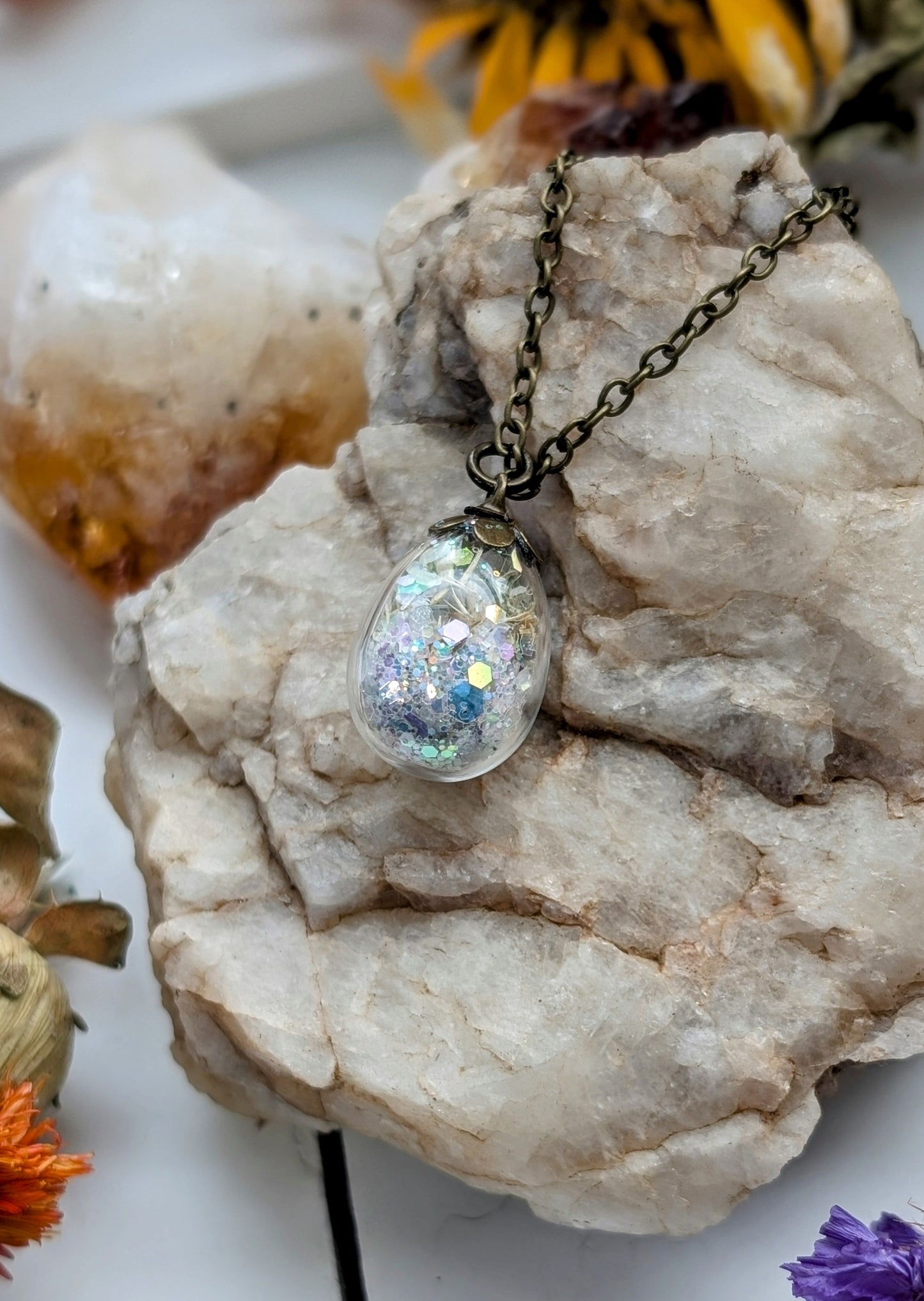 Unique Handcrafted Floral Necklace with Moonstone Crystals and Wildflowers