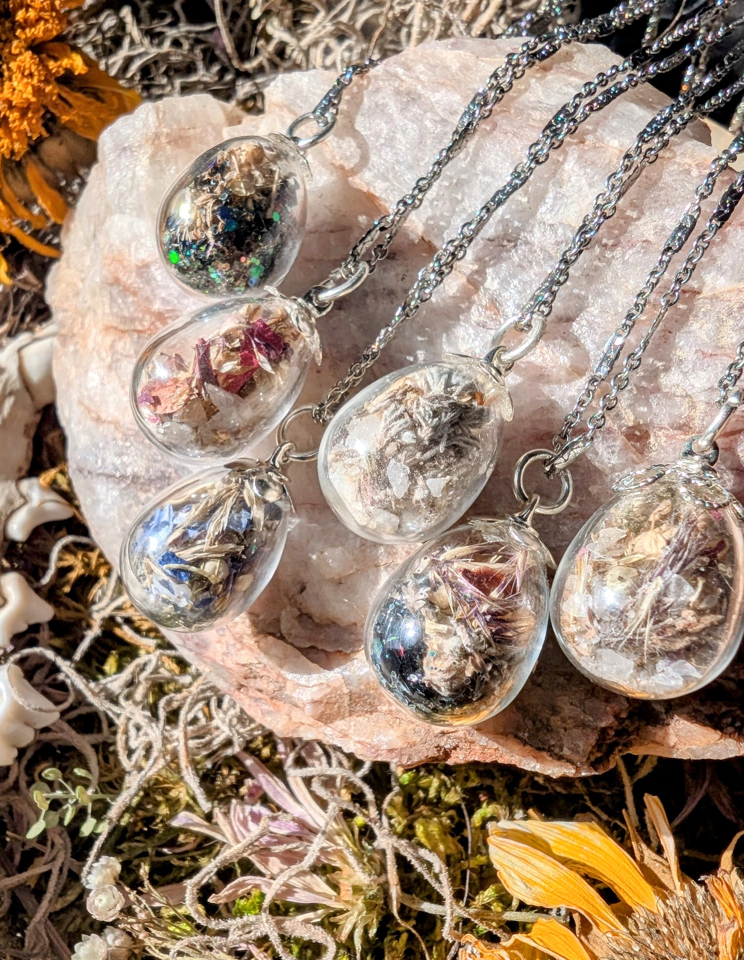 Unique Handcrafted Dark Floral Necklace with Winter Wildflowers and Quartz or Black Tourmaline