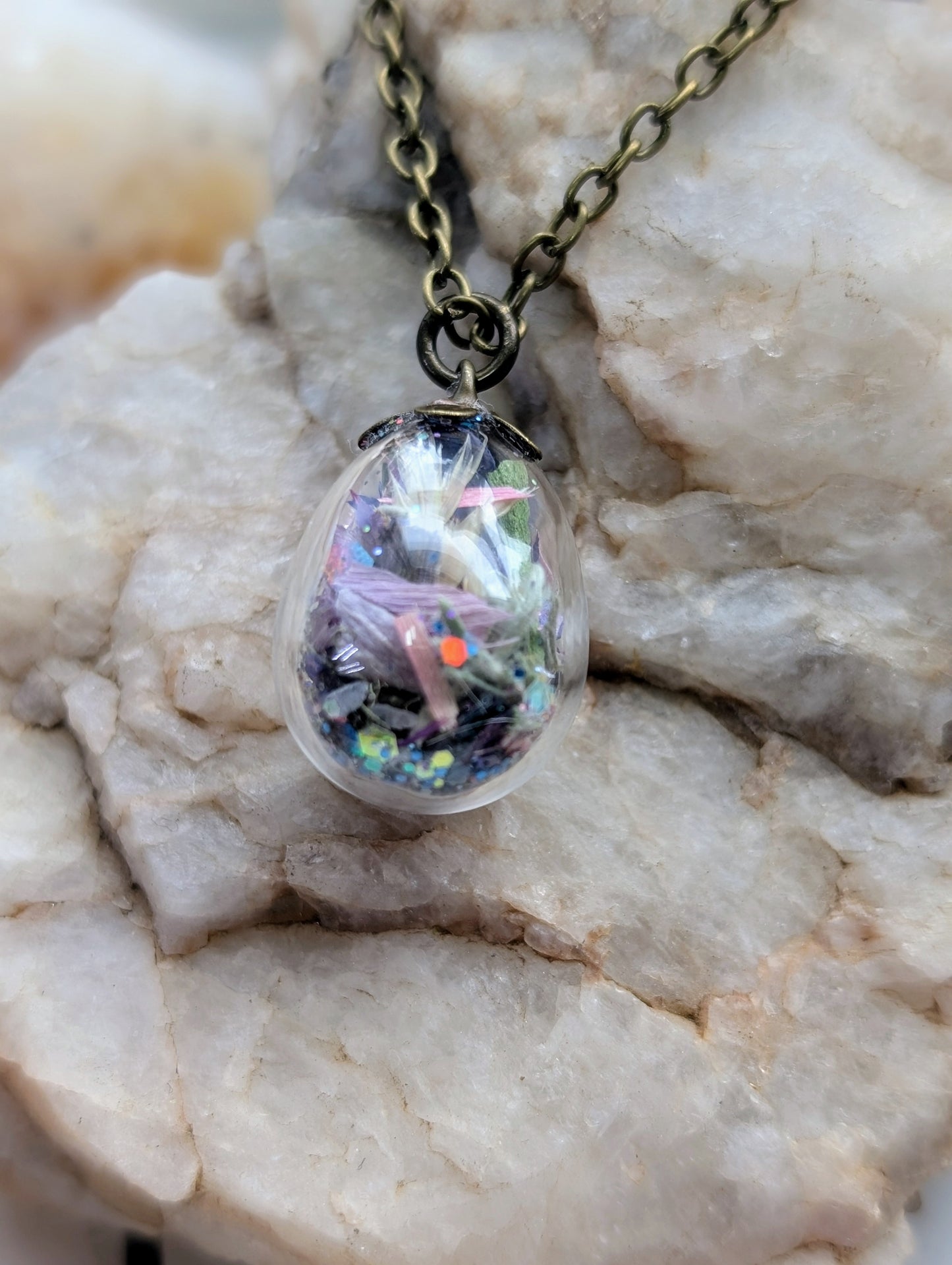 Unique Handcrafted Floral Necklace with Labradorite Crystals and Wildflowers