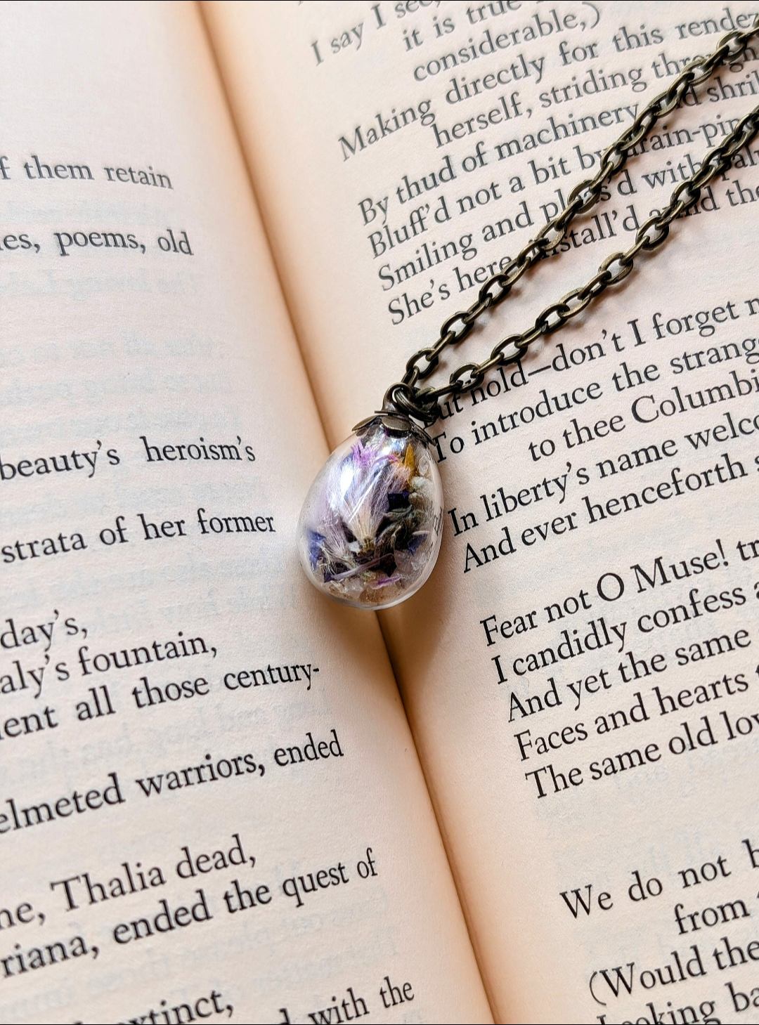 Unique Handcrafted Floral Necklace with Pink and Purple Wildflowers and Quartz