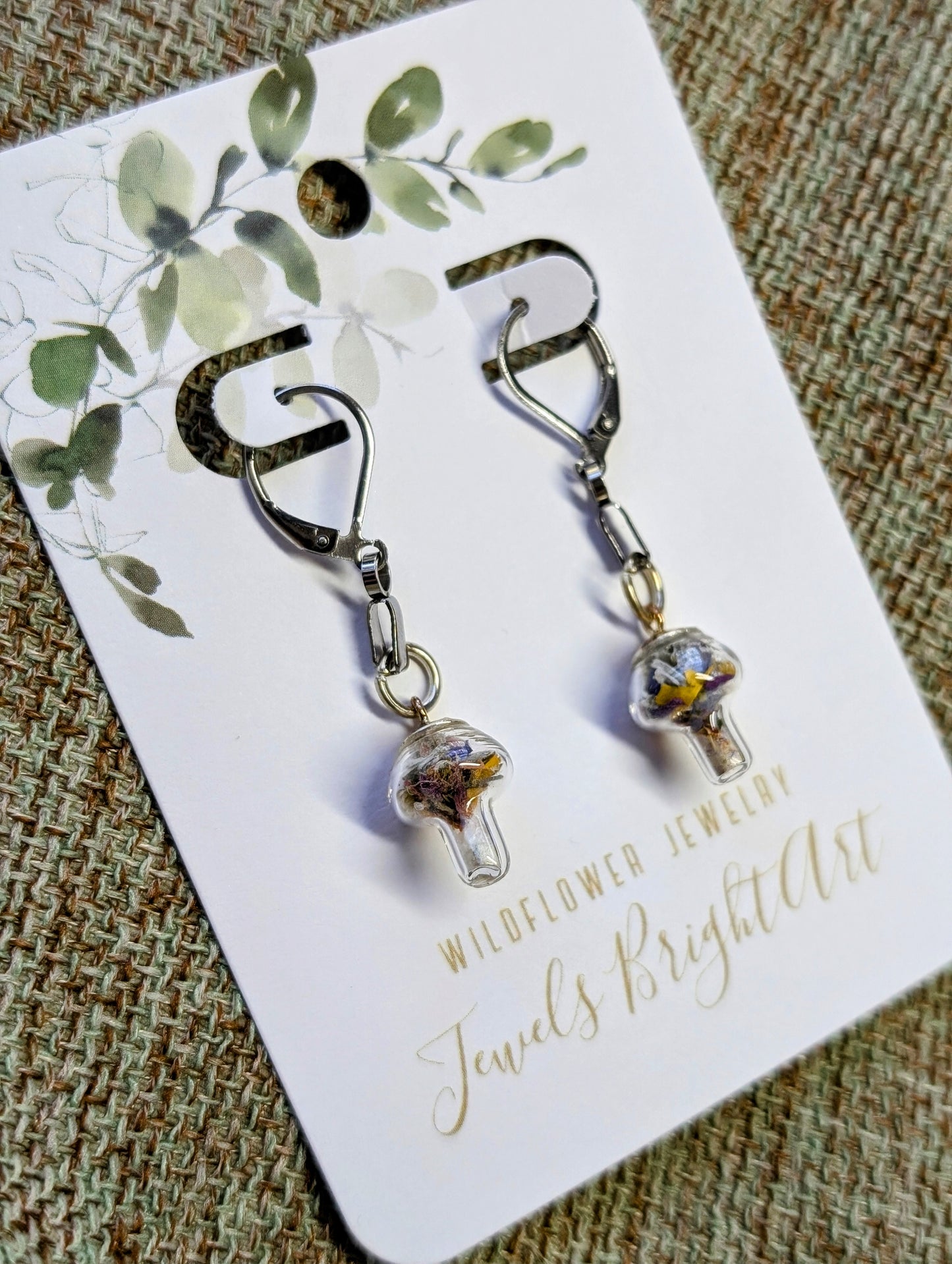 Mushroom Unique Handcrafted Floral Earrings with Wildflowers and Quartz