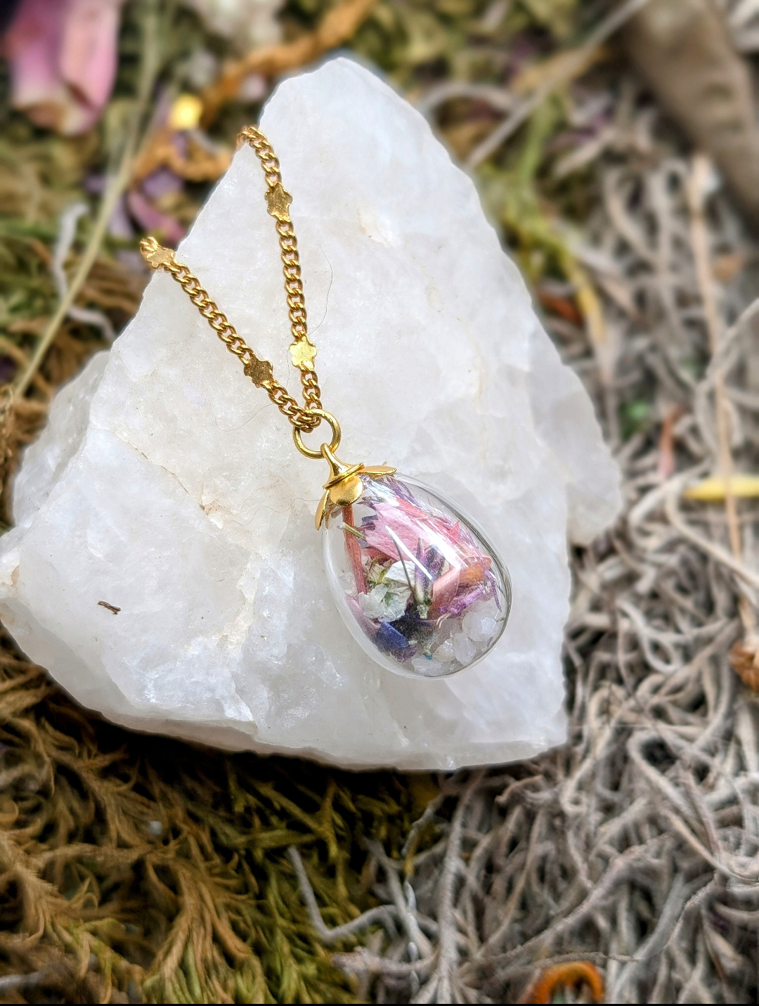 Unique Handcrafted Floral Necklace with Pink and Purple Wildflowers and Quartz