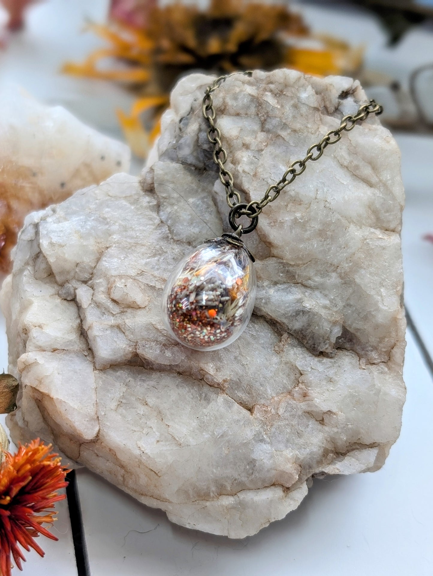 Unique Handcrafted Floral Necklace with Carnelian Crystals and Wildflowers