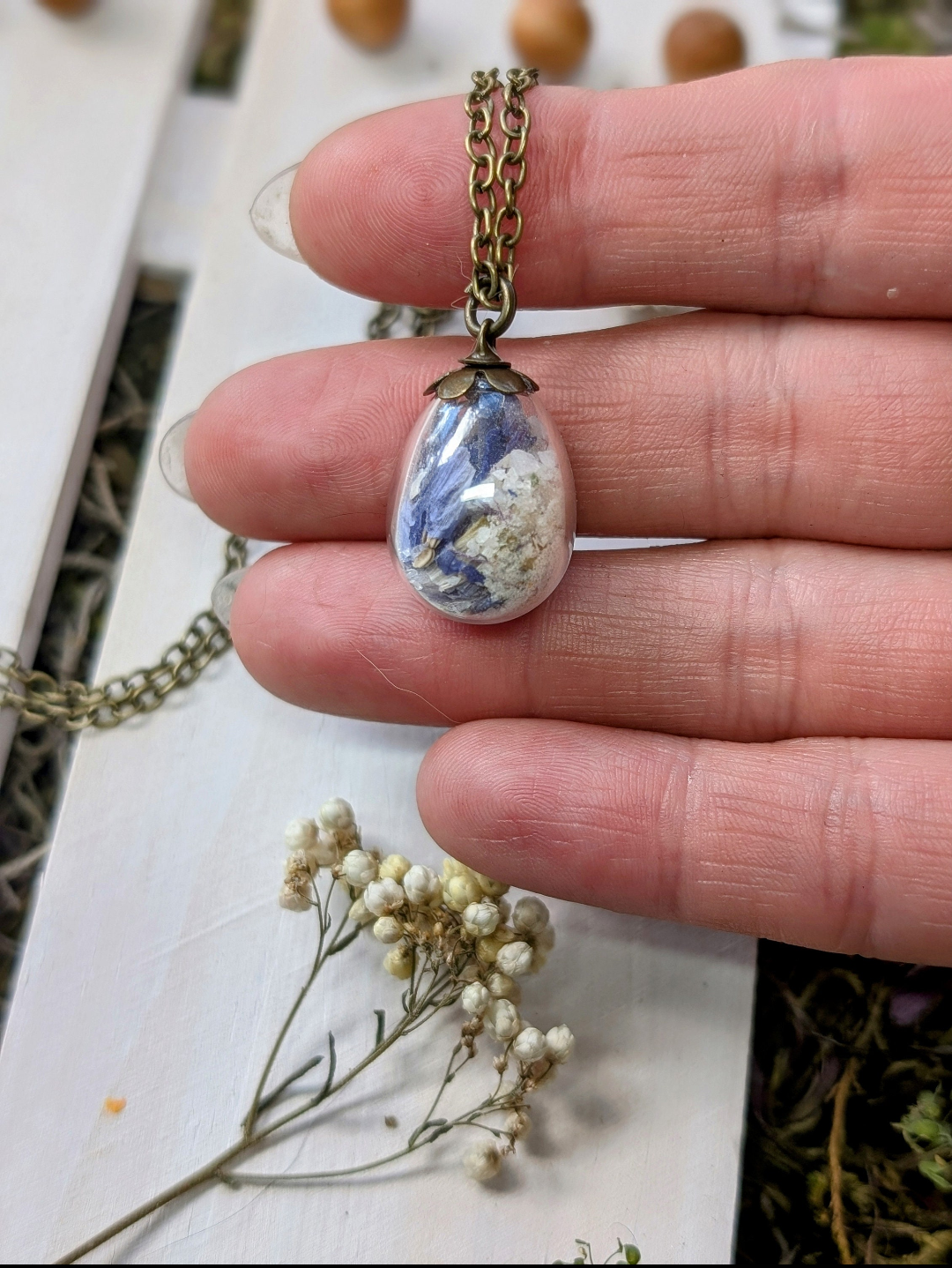 Unique Handcrafted Floral Necklace with Blue and Purple Wildflowers and Quartz