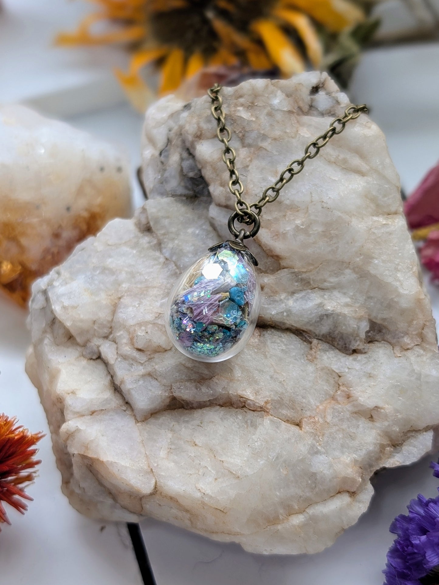 Unique Handcrafted Floral Necklace with Blue Apatite Crystals and Wildflowers
