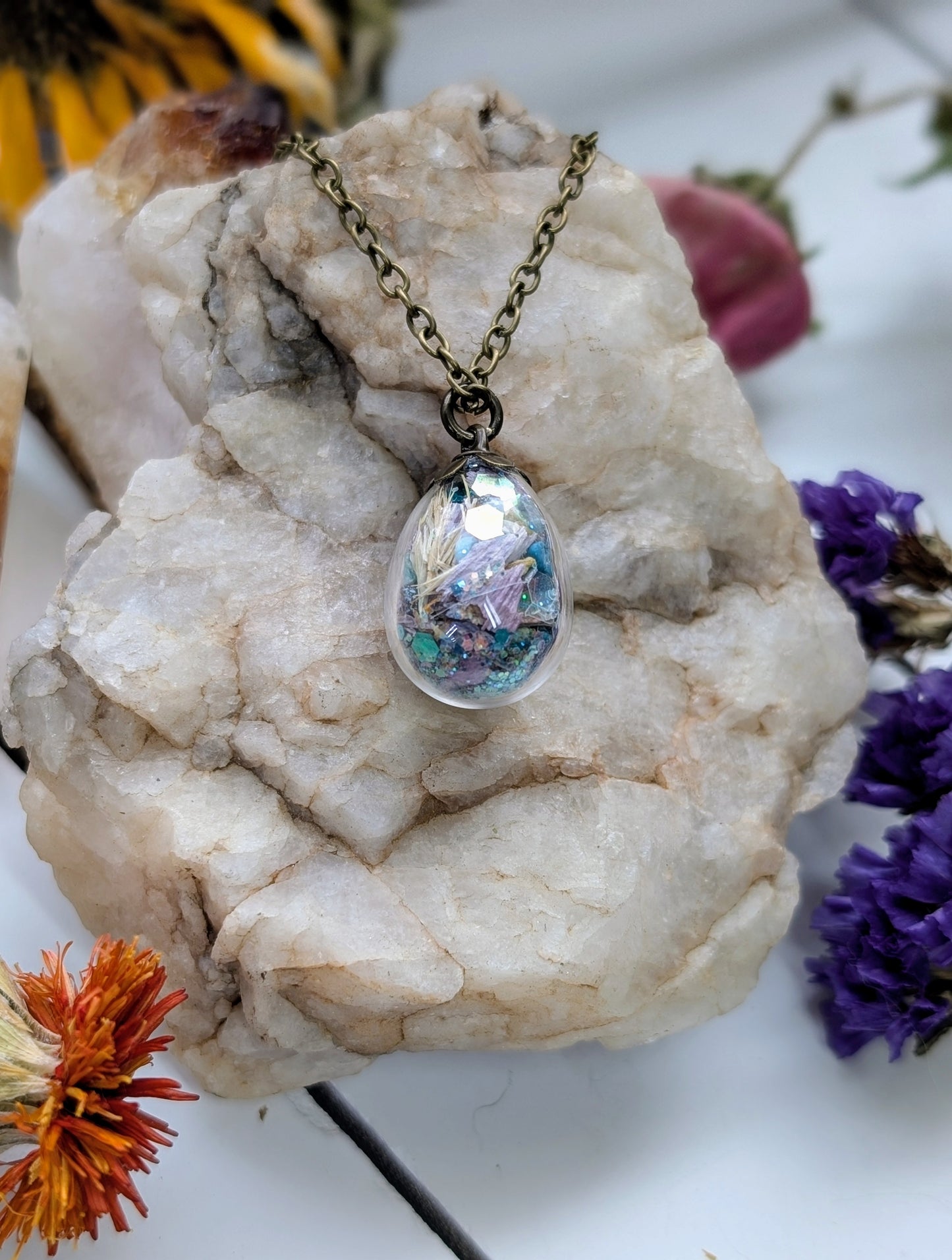 Unique Handcrafted Floral Necklace with Blue Apatite Crystals and Wildflowers
