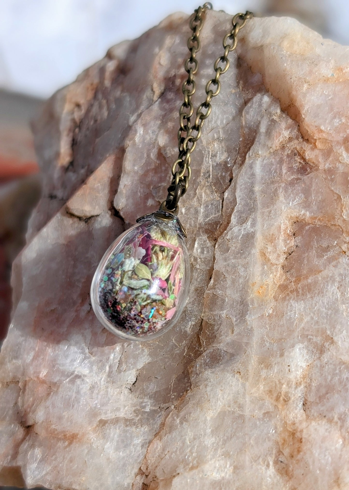 Unique Handcrafted Floral Necklace with Rainbow Tourmaline Crystals and Wildflowers