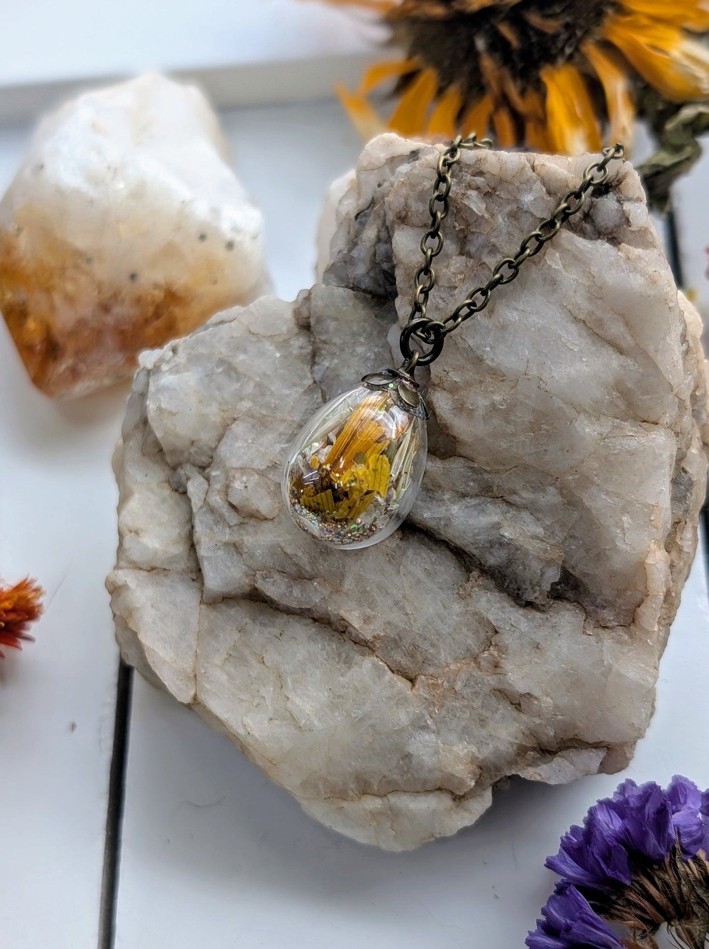 Unique Handcrafted Floral Necklace with Citrine Crystals and Wildflowers