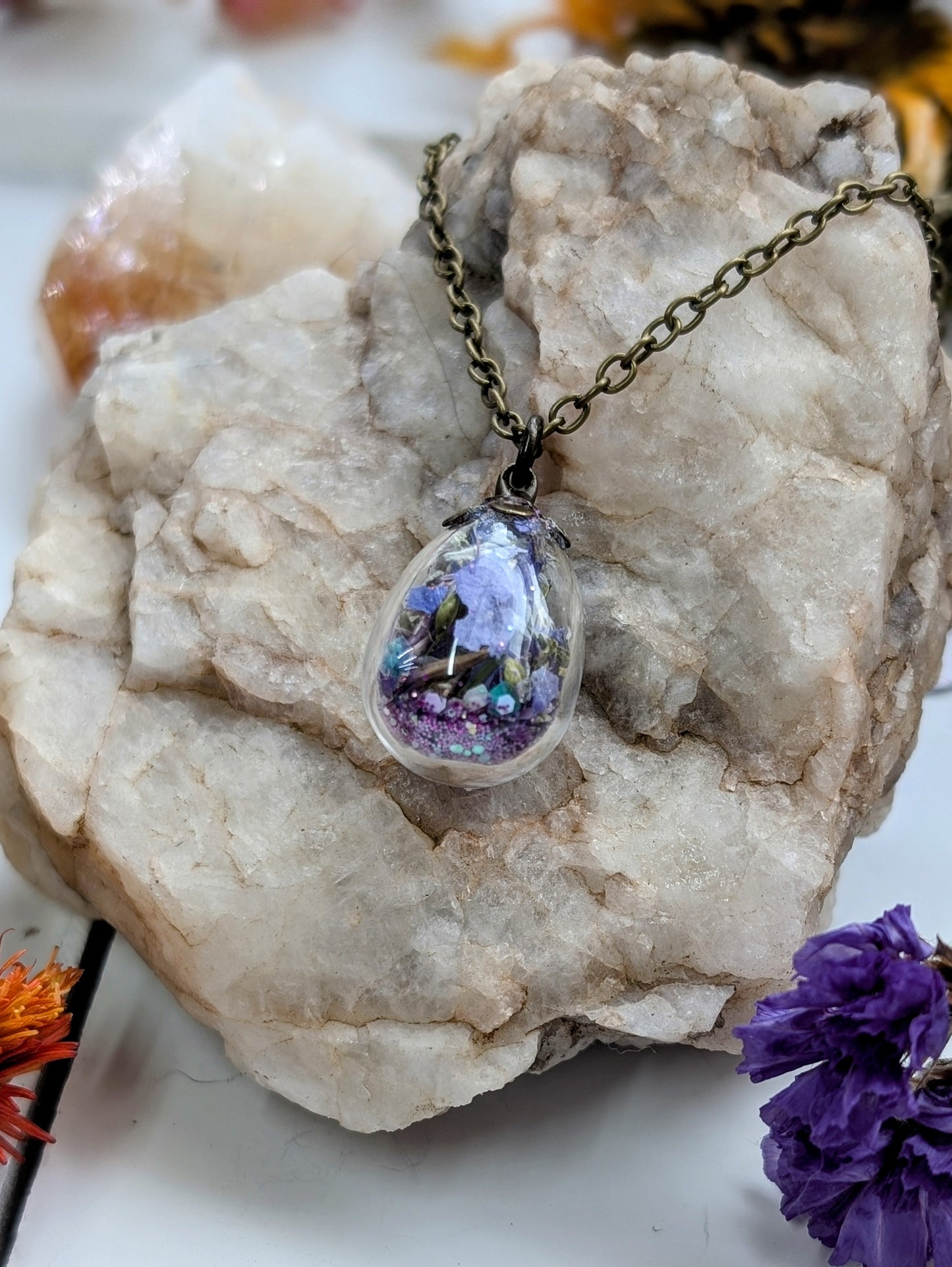 Unique Handcrafted Floral Necklace with Amethyst Crystals and Wildflowers