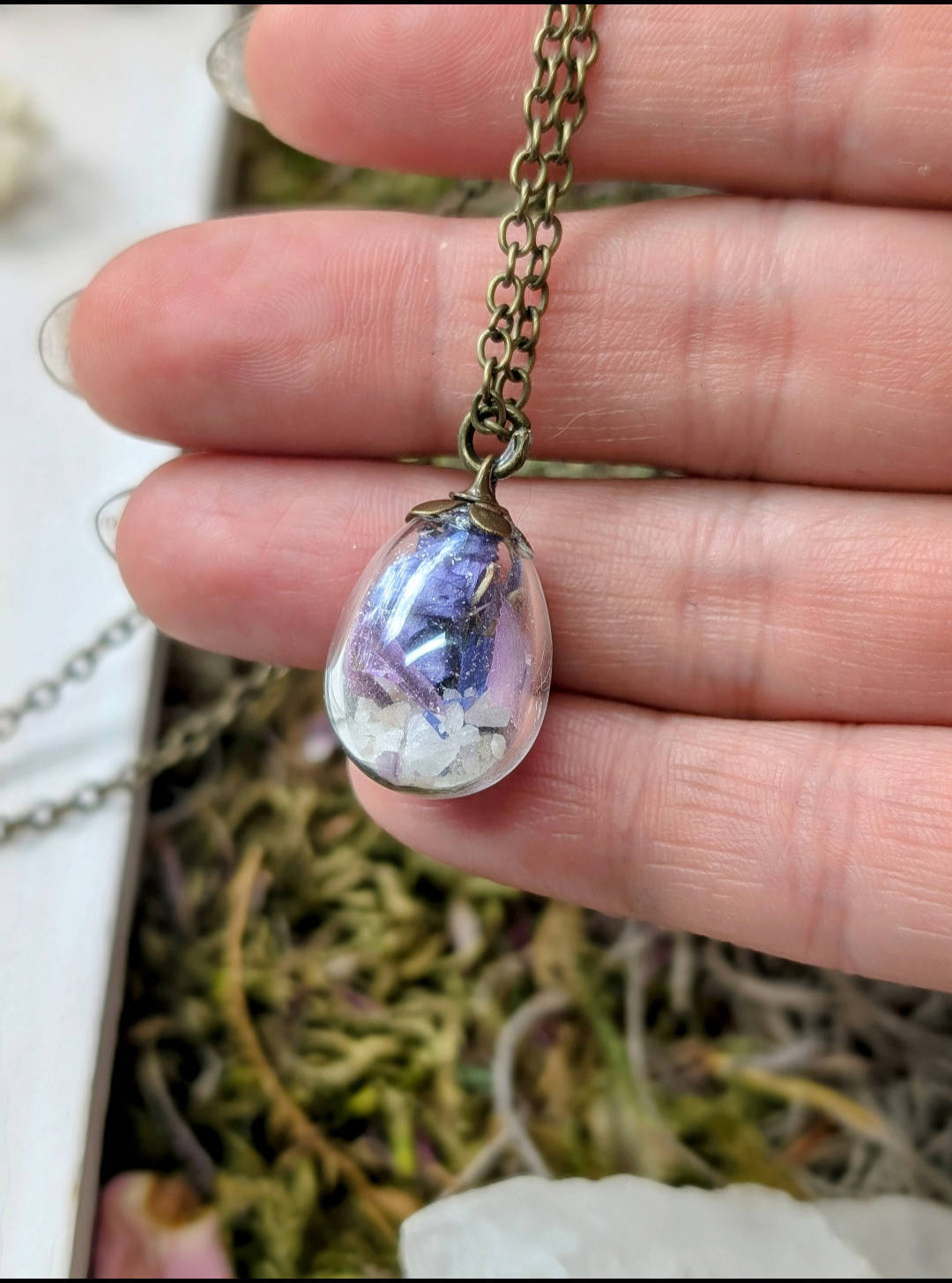 Unique Handcrafted Floral Necklace with Blue and Purple Wildflowers and Quartz