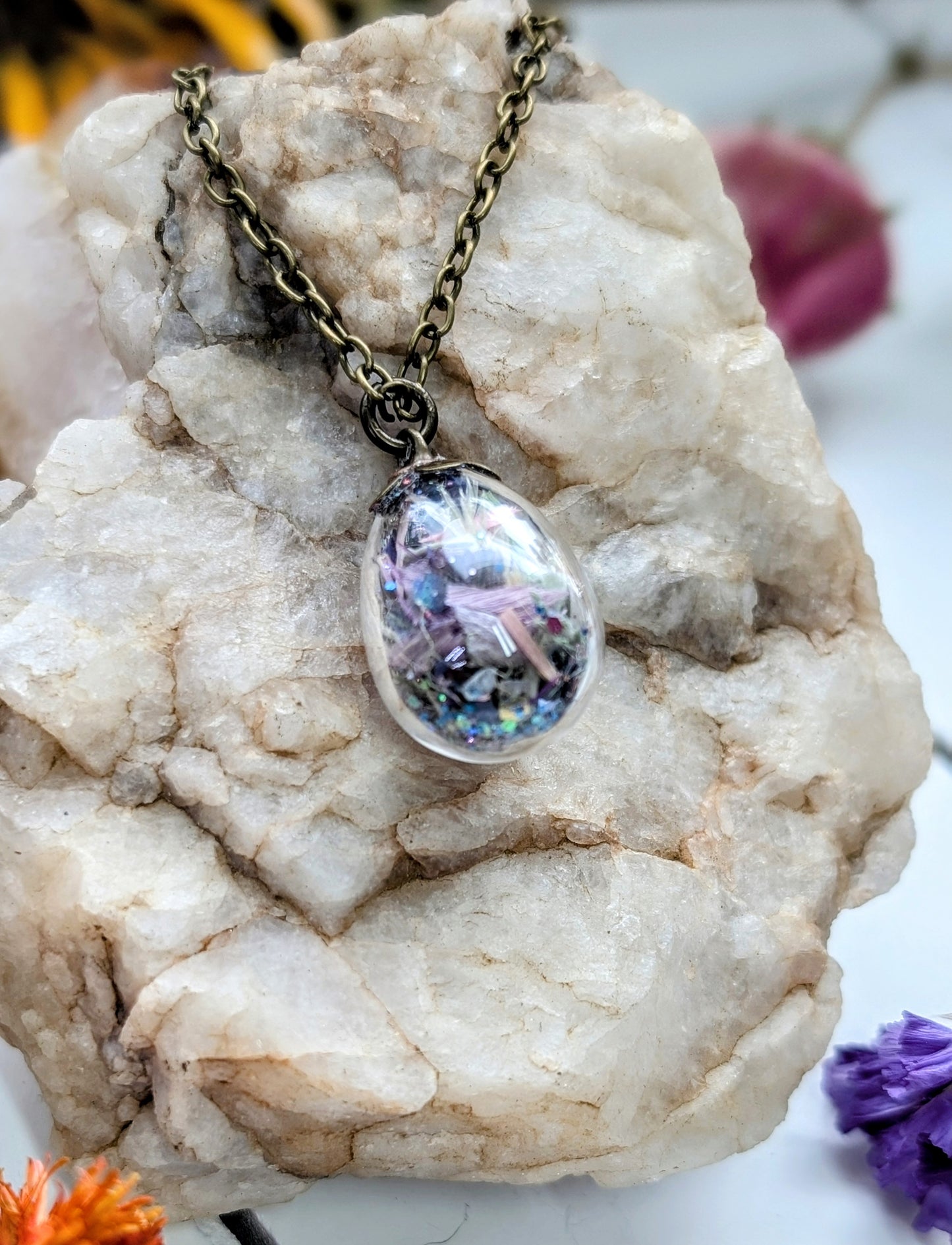Unique Handcrafted Floral Necklace with Labradorite Crystals and Wildflowers