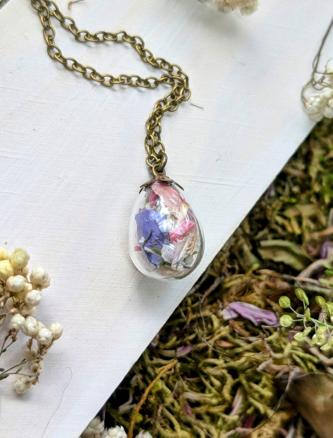 Unique Handcrafted Floral Necklace with Pink and Purple Wildflowers and Quartz