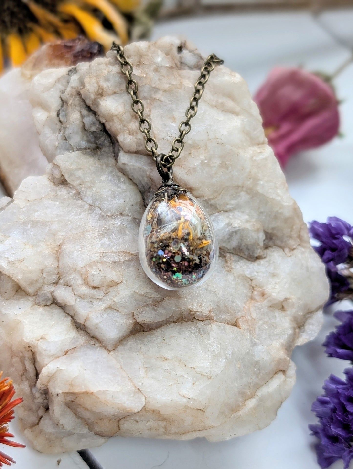 Unique Handcrafted Floral Necklace with Tigers Eye Crystals and Wildflowers