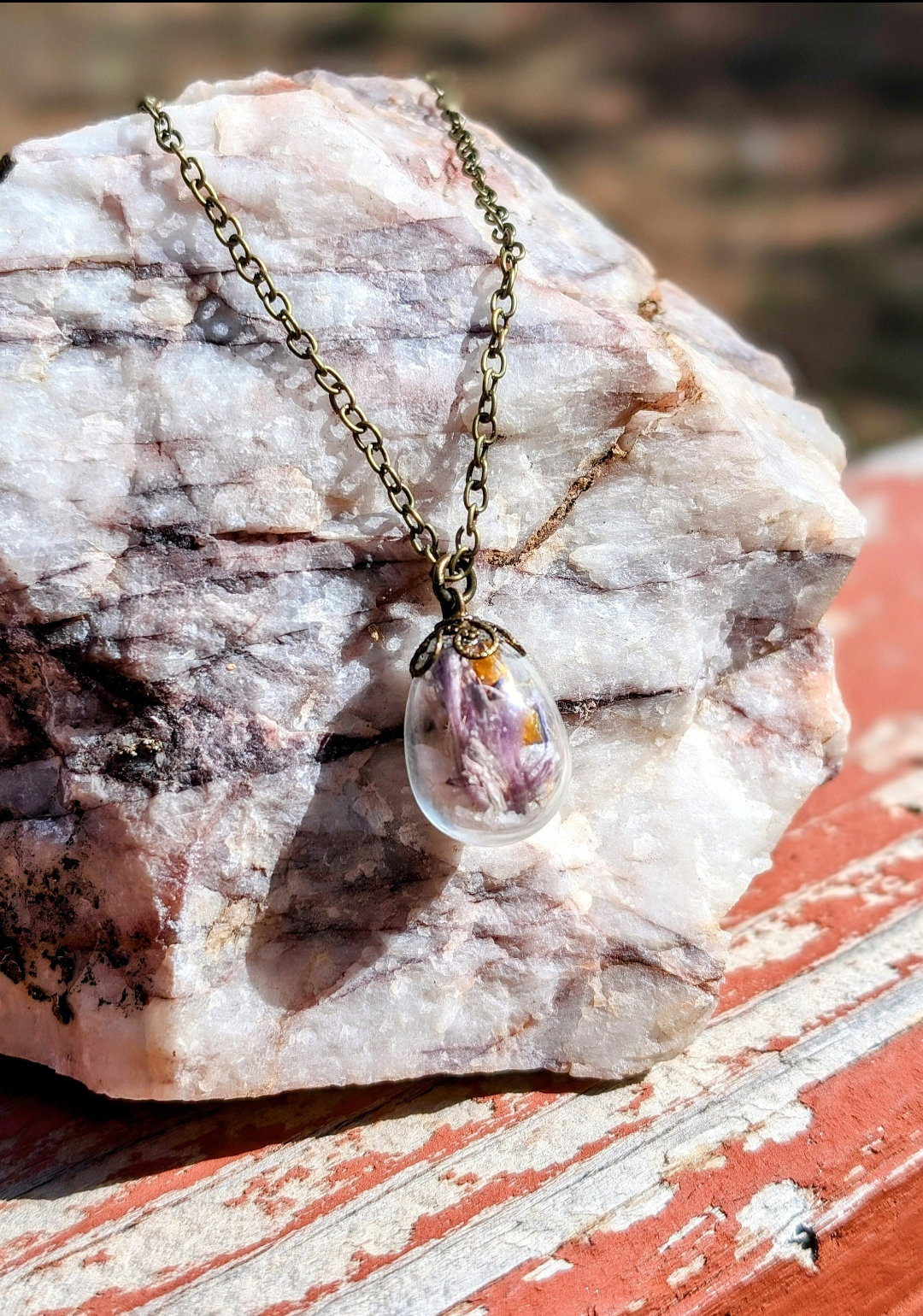 Unique Handcrafted Floral Necklace with Pink and Purple Wildflowers and Quartz