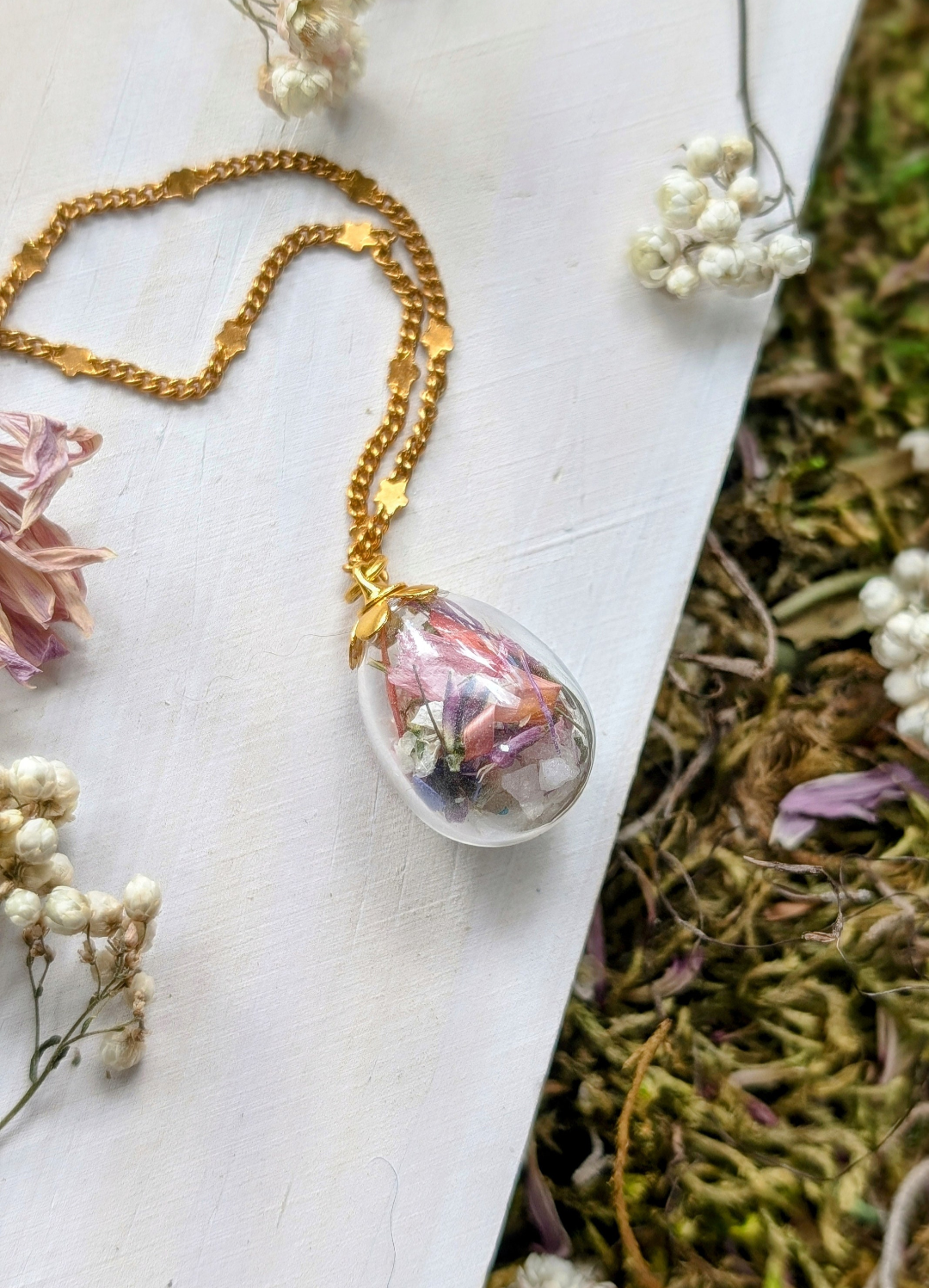 Unique Handcrafted Floral Necklace with Pink and Purple Wildflowers and Quartz