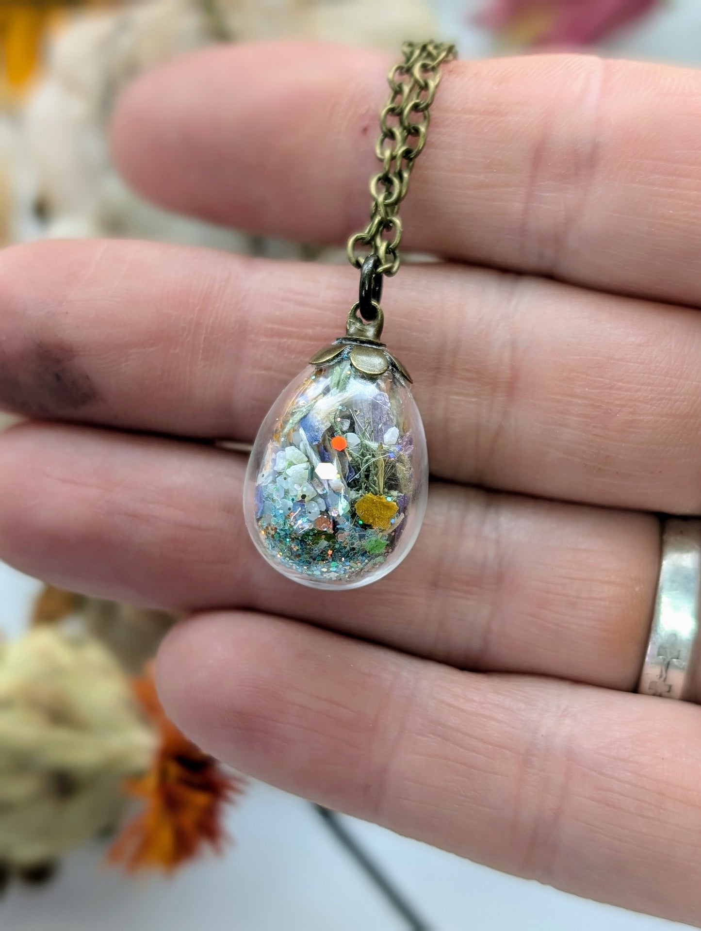 Unique Handcrafted Floral Necklace with Amazonite Crystals and Wildflowers