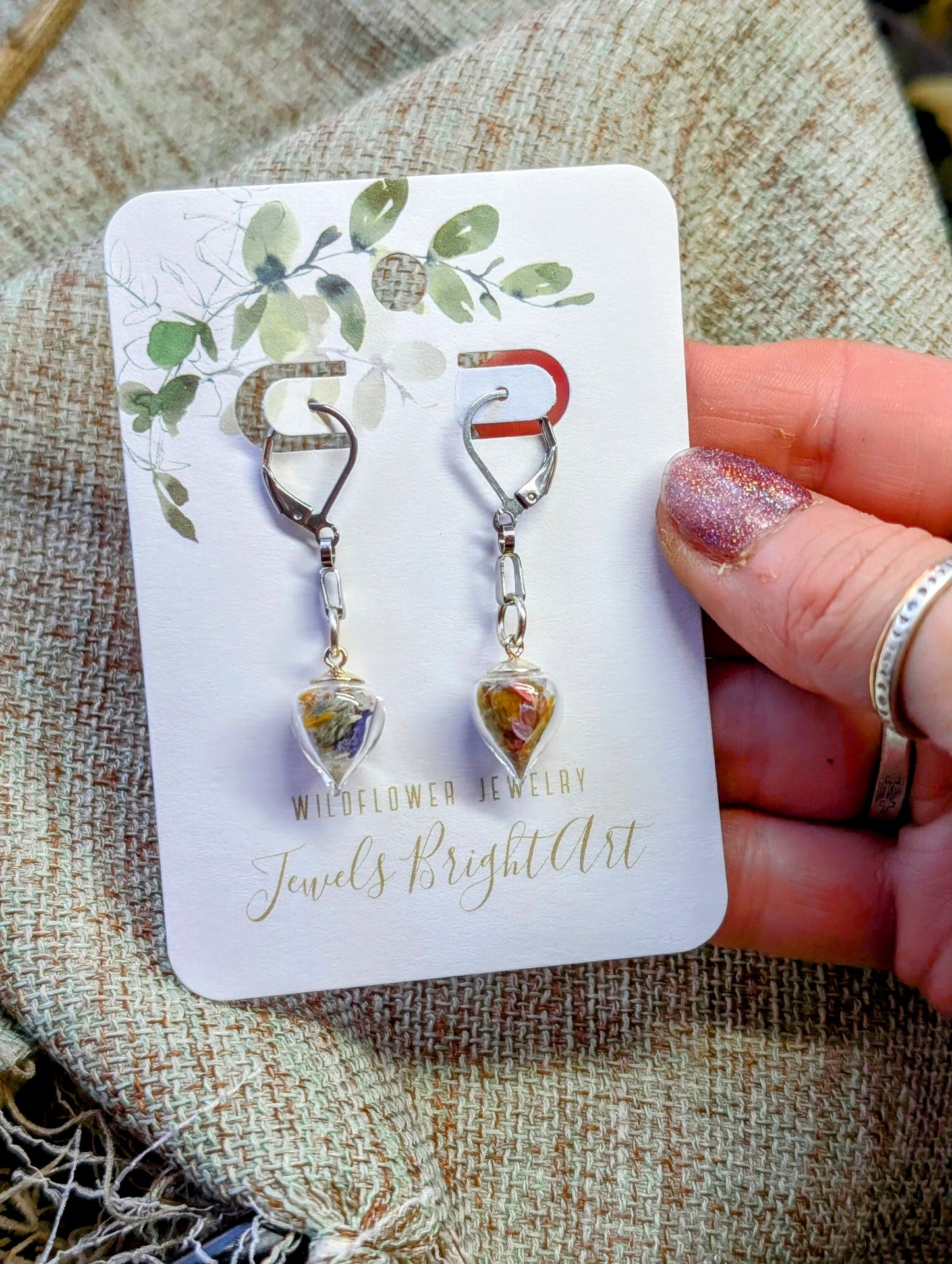 Unique Handcrafted Floral Earrings with Wildflowers and Quartz