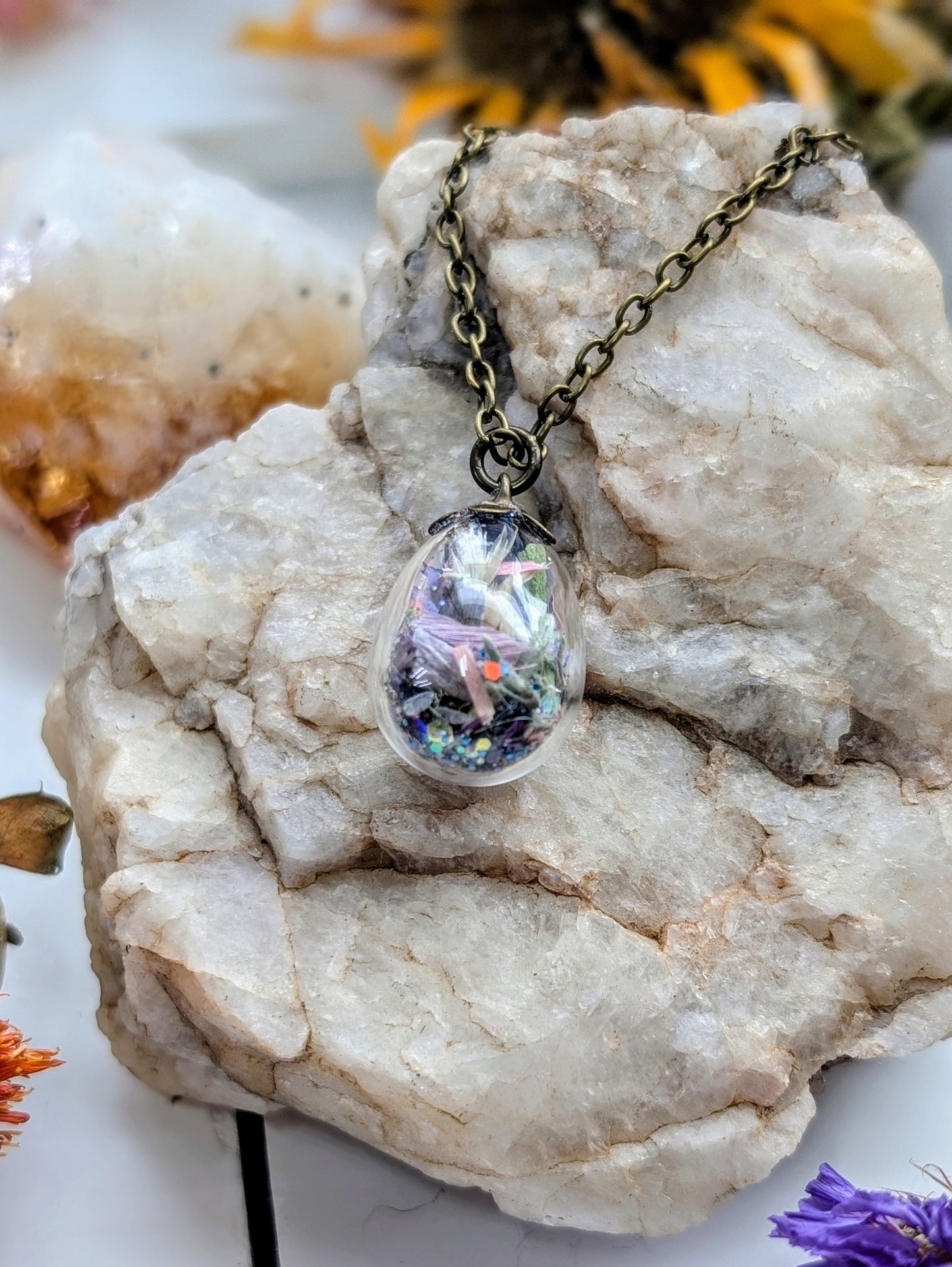 Unique Handcrafted Floral Necklace with Labradorite Crystals and Wildflowers