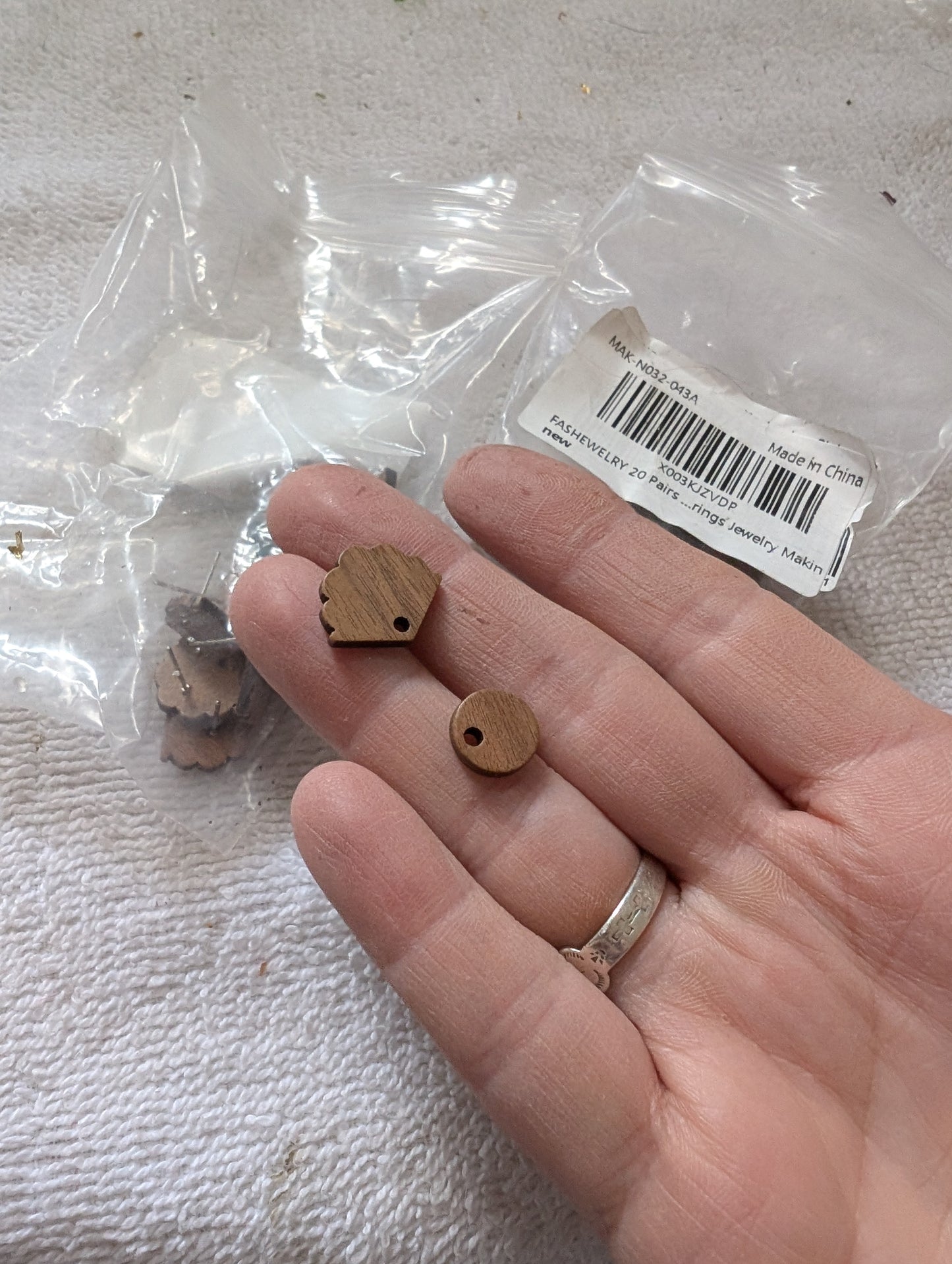 Set of Round and Fan Shaped Walnut Wood Earring Studs