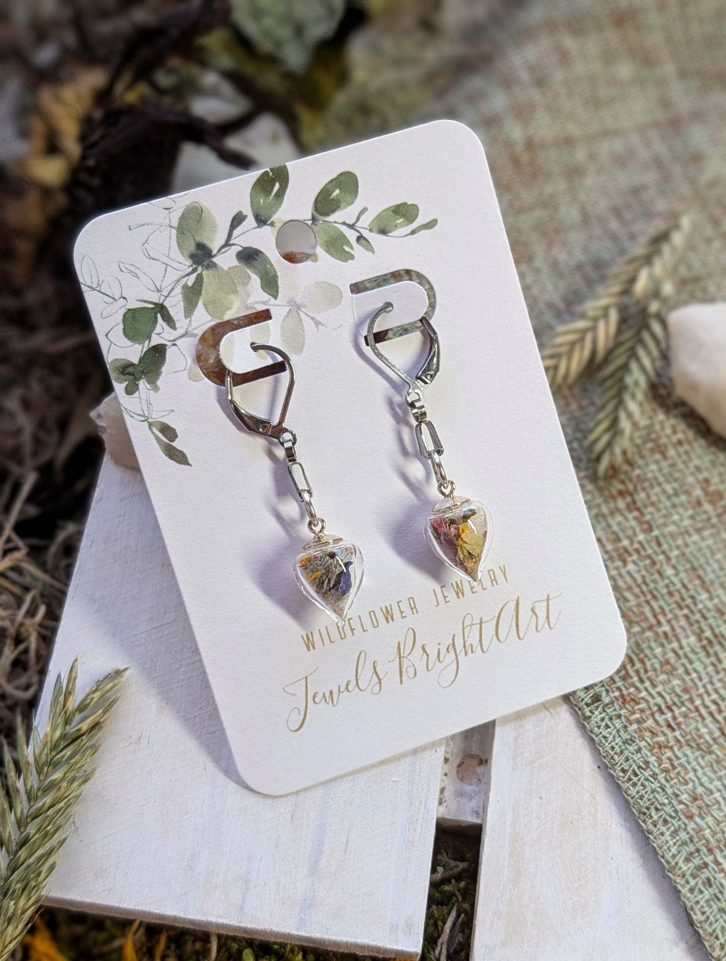 Unique Handcrafted Floral Earrings with Wildflowers and Quartz