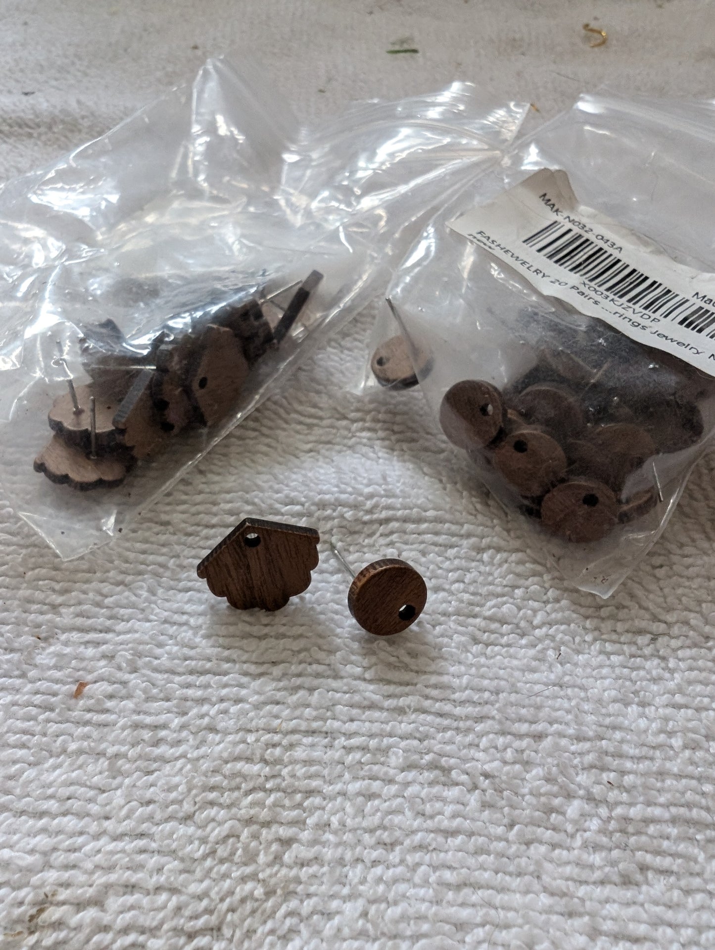 Set of Round and Fan Shaped Walnut Wood Earring Studs