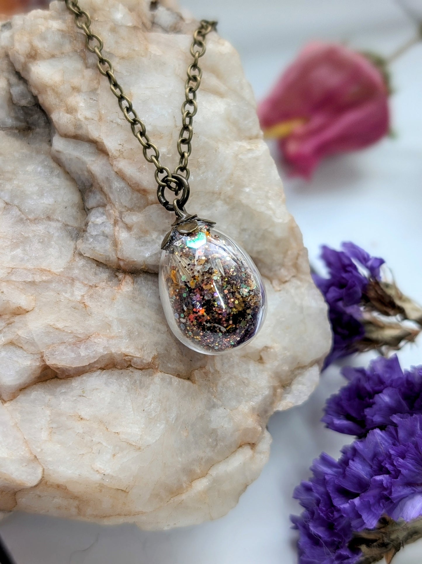 Unique Handcrafted Floral Necklace with Tigers Eye Crystals and Wildflowers