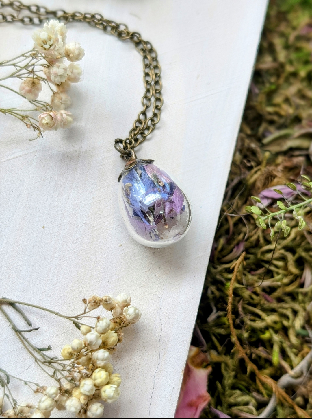 Unique Handcrafted Floral Necklace with Blue and Purple Wildflowers and Quartz