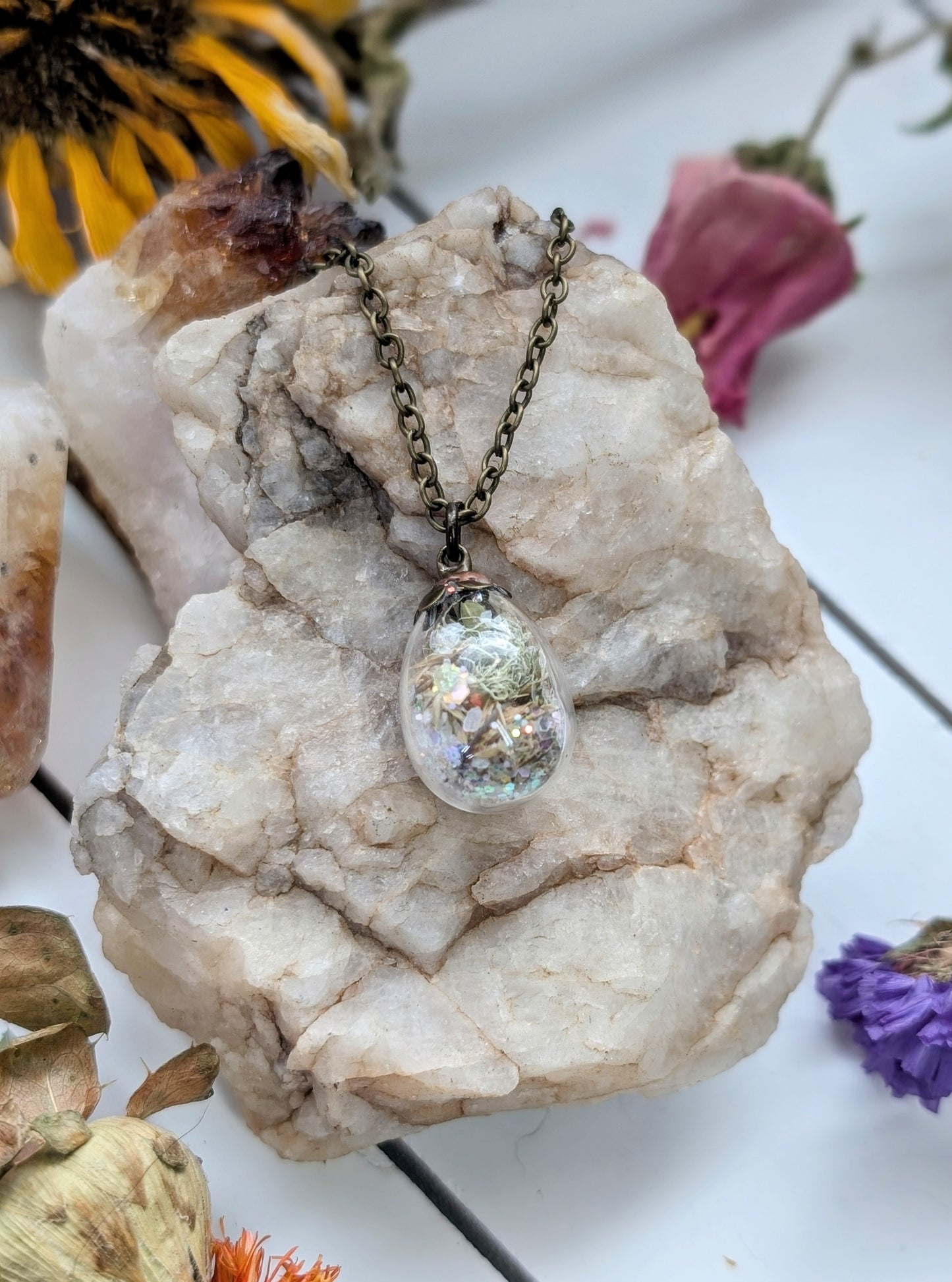 Unique Handcrafted Floral Necklace with Moonstone Crystals and Wildflowers