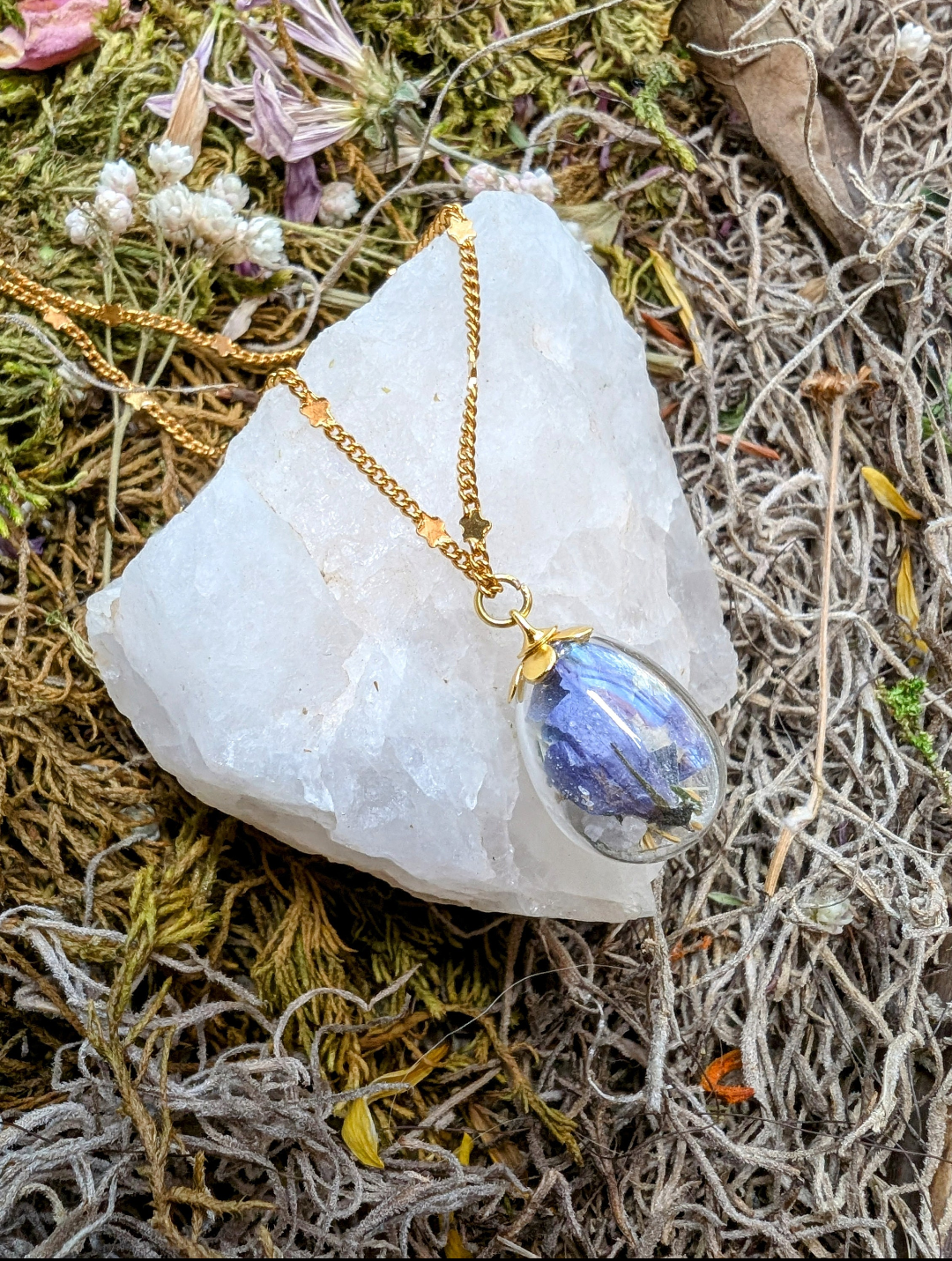 Unique Handcrafted Floral Necklace with Columbine Wildflowers and Quartz