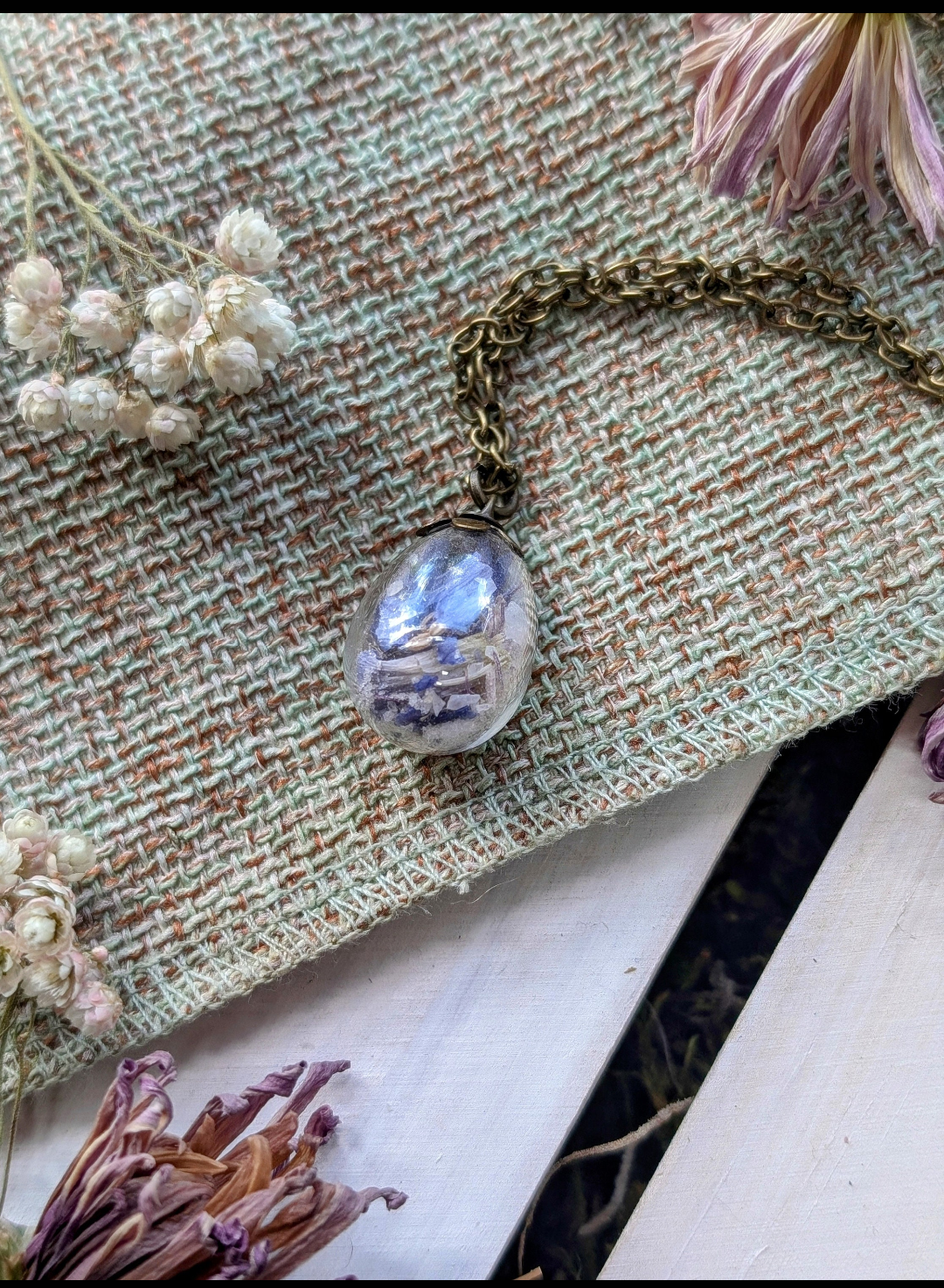 Unique Handcrafted Floral Necklace with Blue and Purple Wildflowers and Quartz