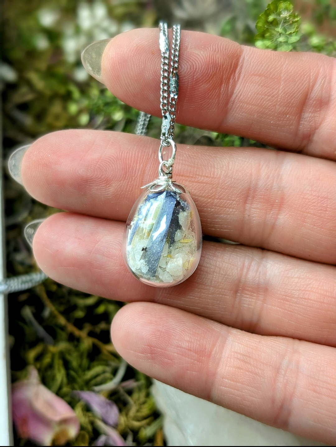Unique Handcrafted Floral Necklace with Columbine Wildflowers and Quartz