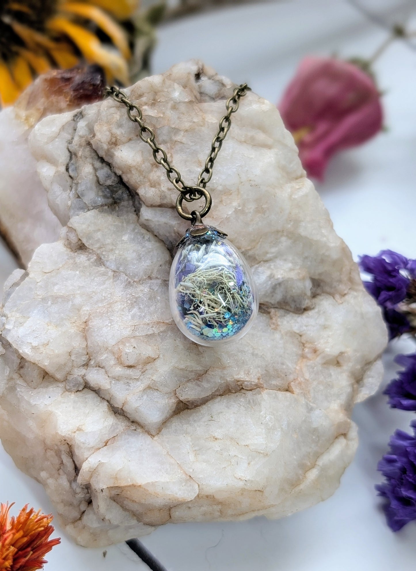 Unique Handcrafted Floral Necklace with Amazonite Crystals and Wildflowers