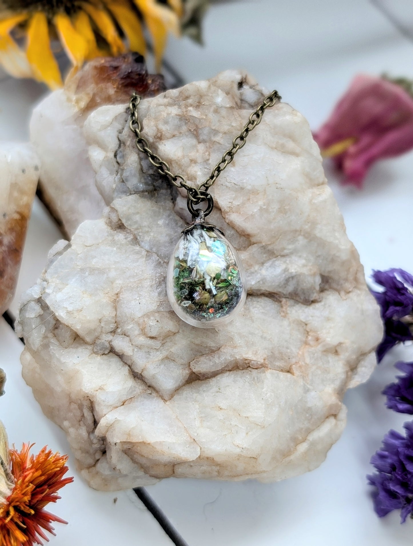 Unique Handcrafted Floral Necklace with Peridot Crystals and Wildflowers