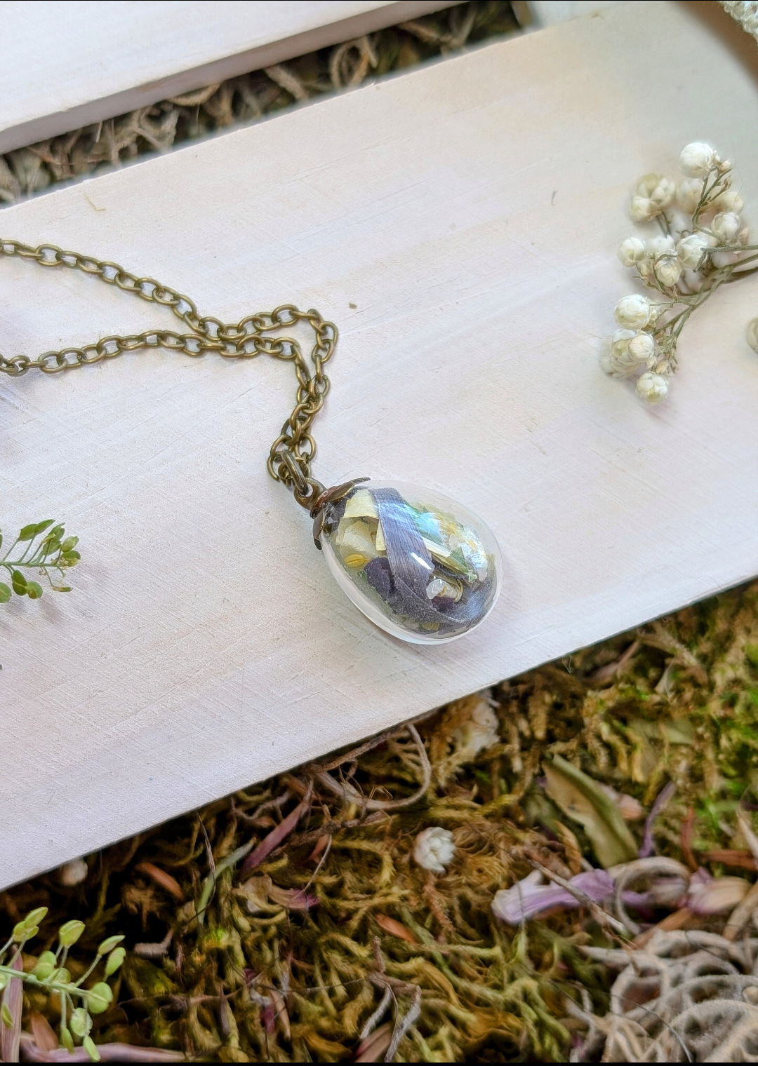 Unique Handcrafted Floral Necklace with Columbine Wildflowers and Quartz