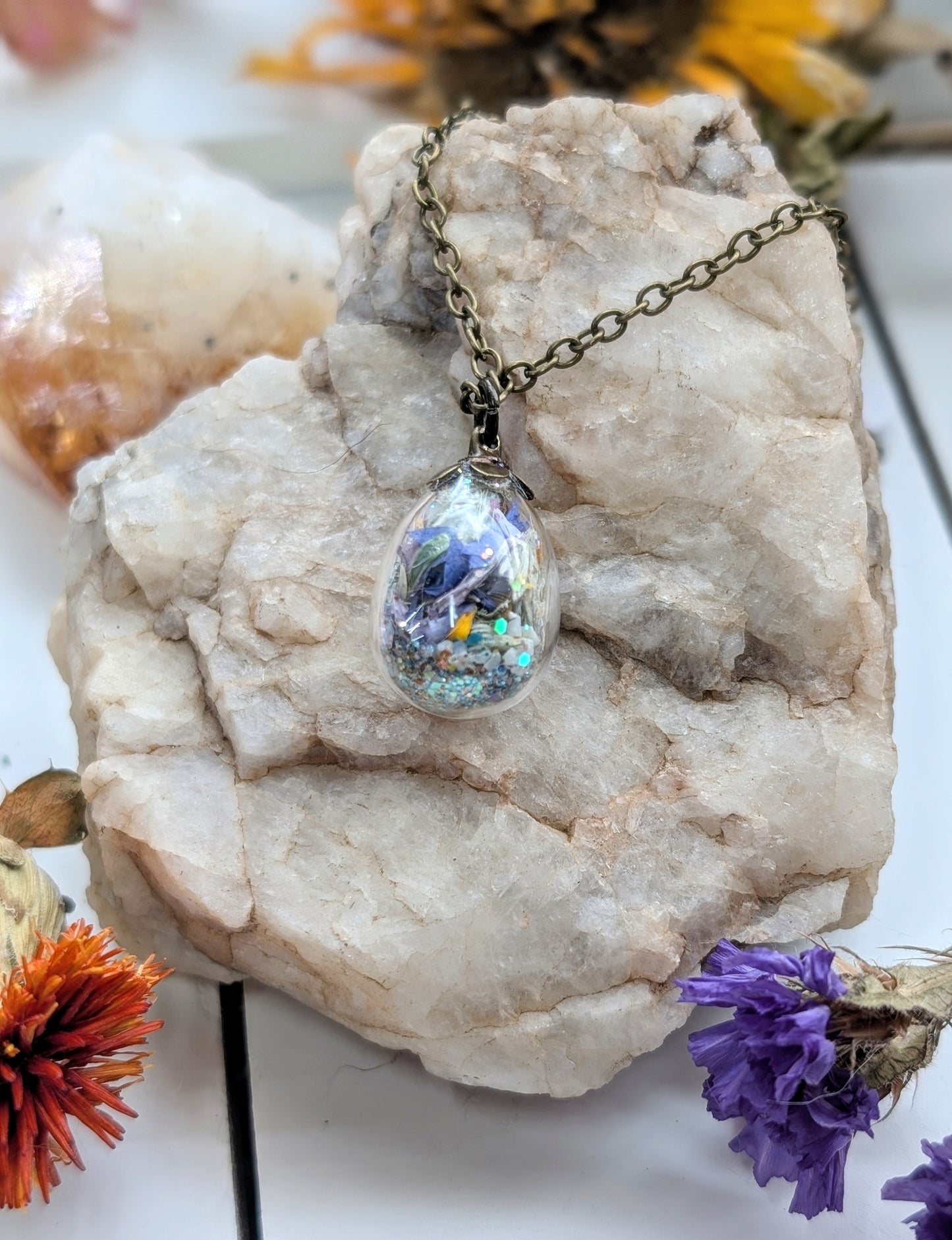 Unique Handcrafted Floral Necklace with Turquoise Crystals and Wildflowers