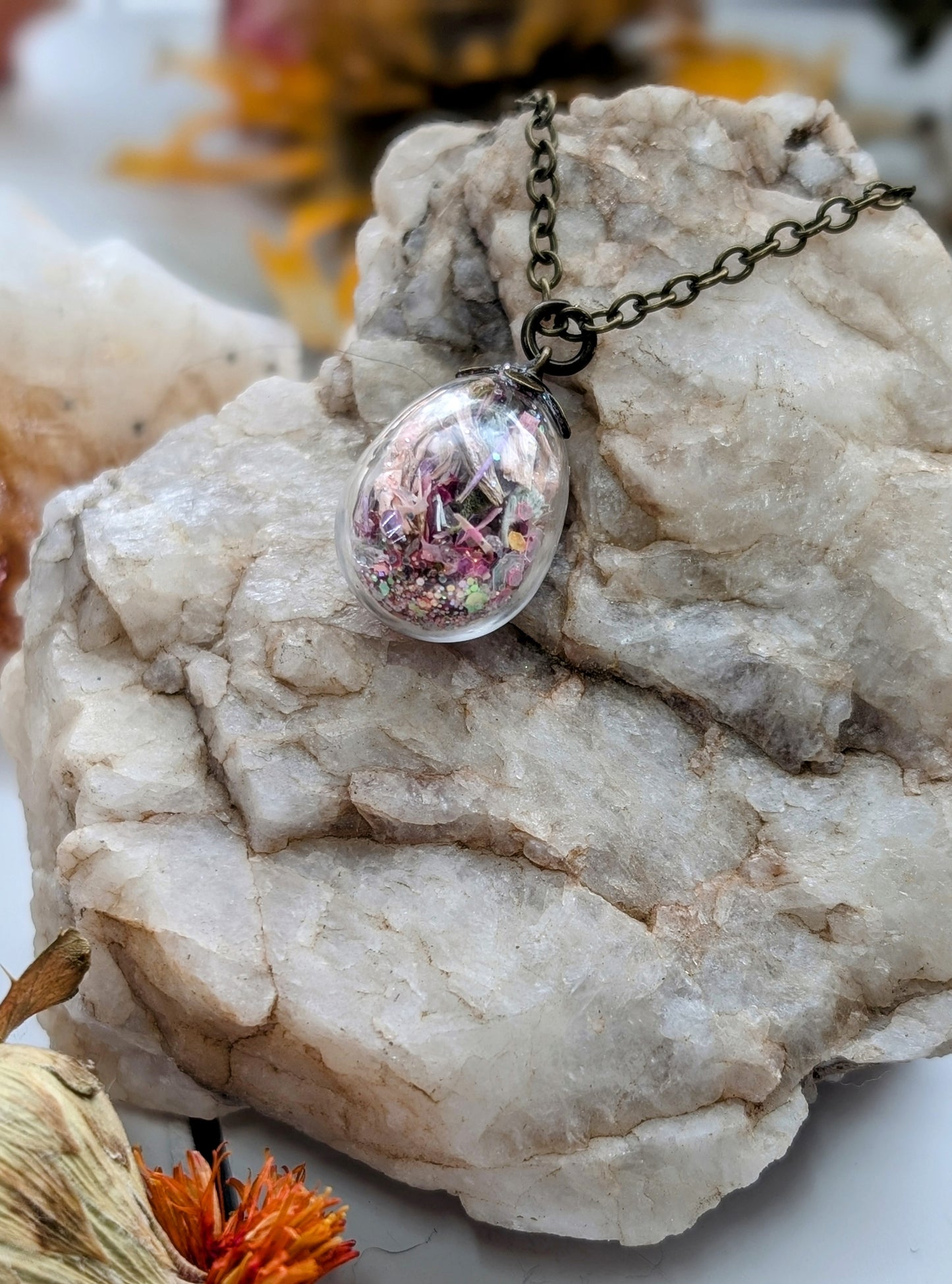 Unique Handcrafted Floral Necklace with Rose Quartz Crystals and Wildflowers