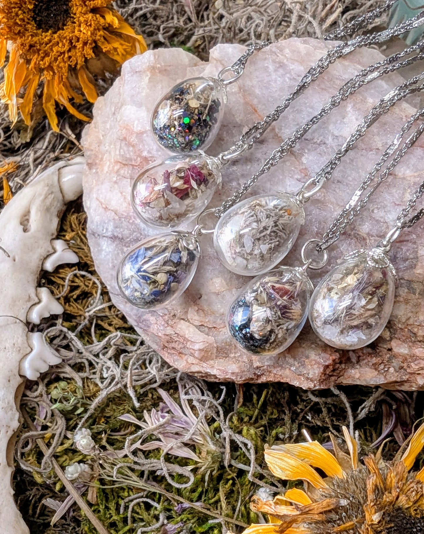 Unique Handcrafted Dark Floral Necklace with Winter Wildflowers and Quartz or Black Tourmaline