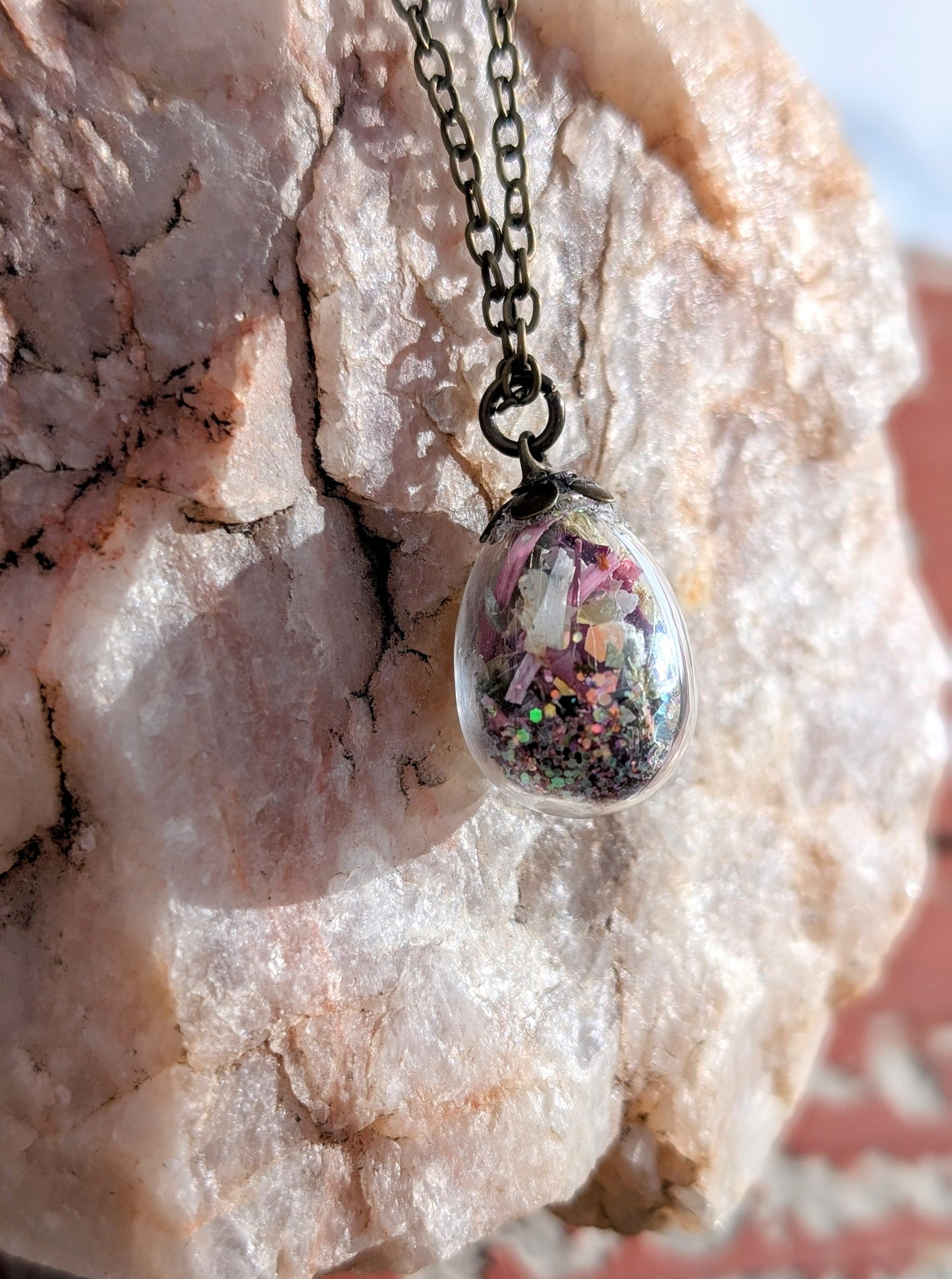 Unique Handcrafted Floral Necklace with Rainbow Tourmaline Crystals and Wildflowers