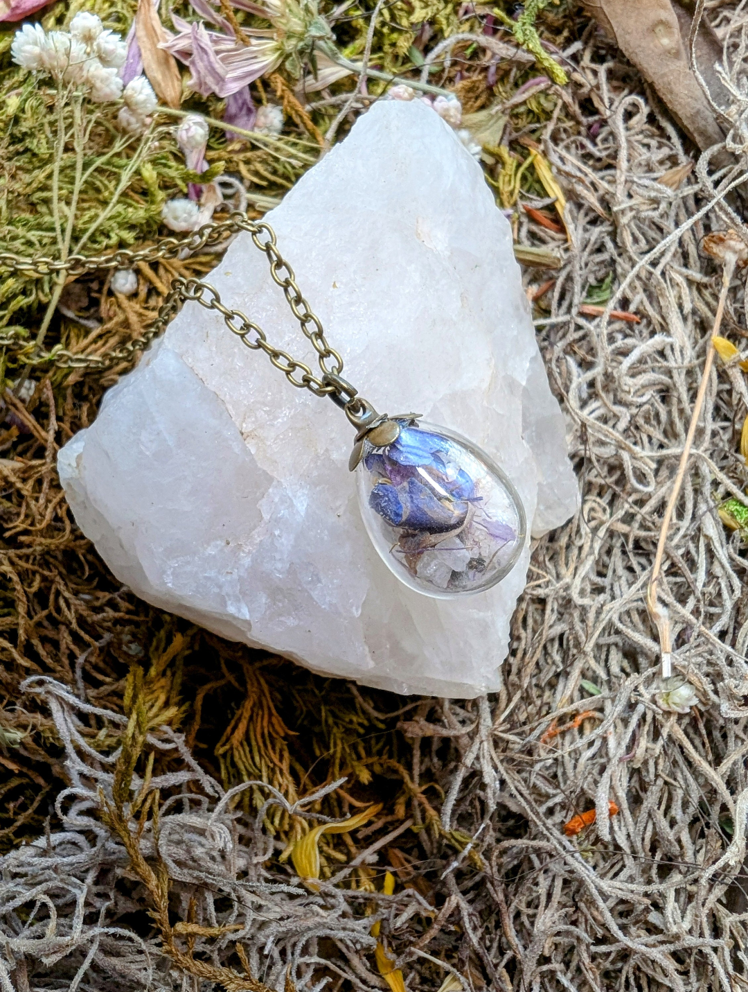 Unique Handcrafted Floral Necklace with Blue and Purple Wildflowers and Quartz