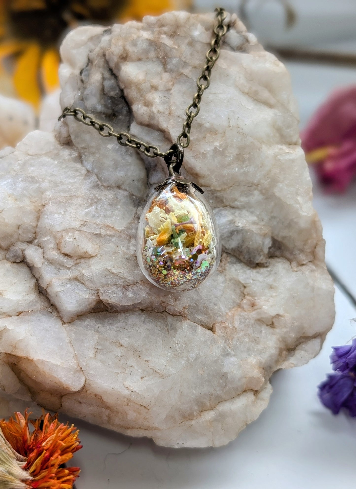 Unique Handcrafted Floral Necklace with Topaz Crystals and Wildflowers