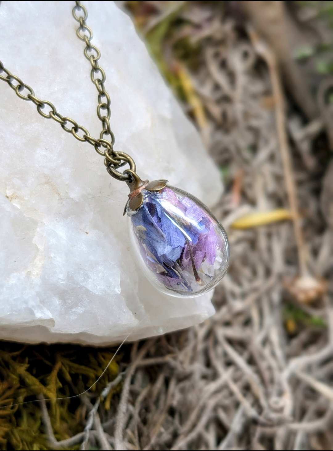 Unique Handcrafted Floral Necklace with Blue and Purple Wildflowers and Quartz