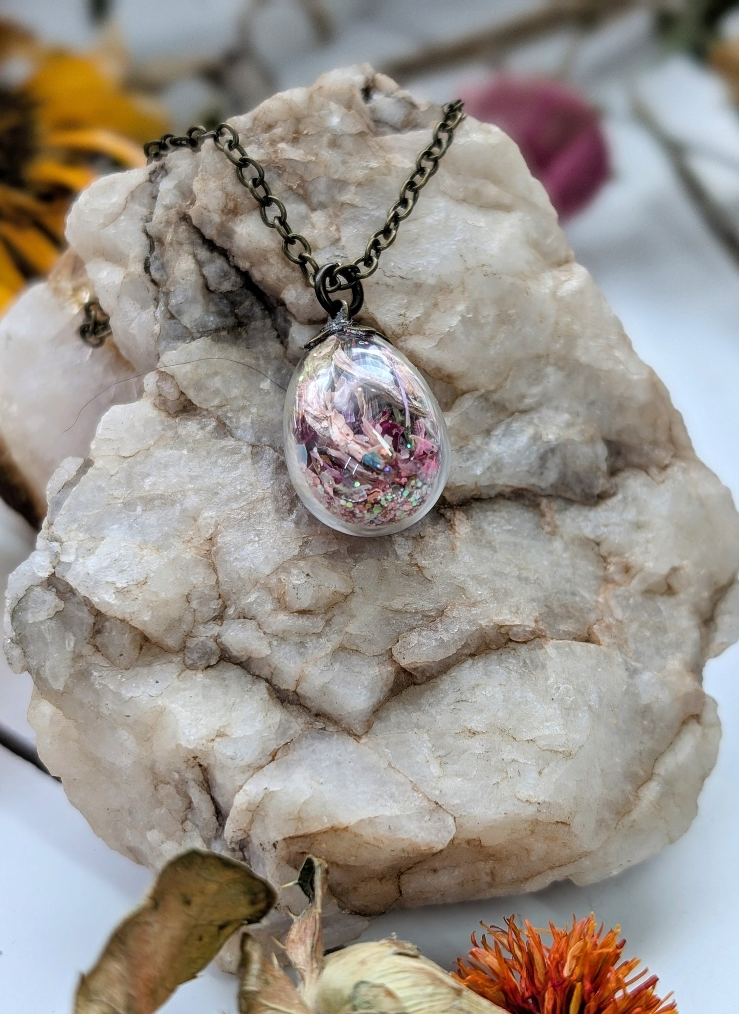 Unique Handcrafted Floral Necklace with Rose Quartz Crystals and Wildflowers