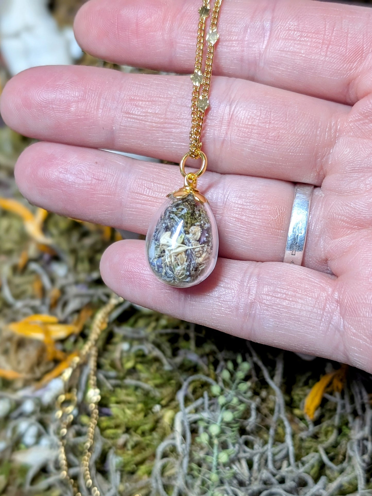 Unique Handcrafted Dark Floral Necklace with Winter Wildflowers and Quartz or Black Tourmaline
