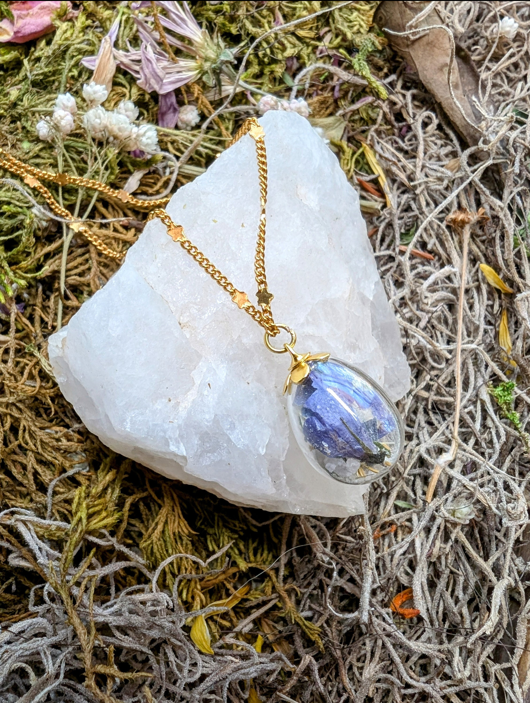 Unique Handcrafted Floral Necklace with Blue and Purple Wildflowers and Quartz