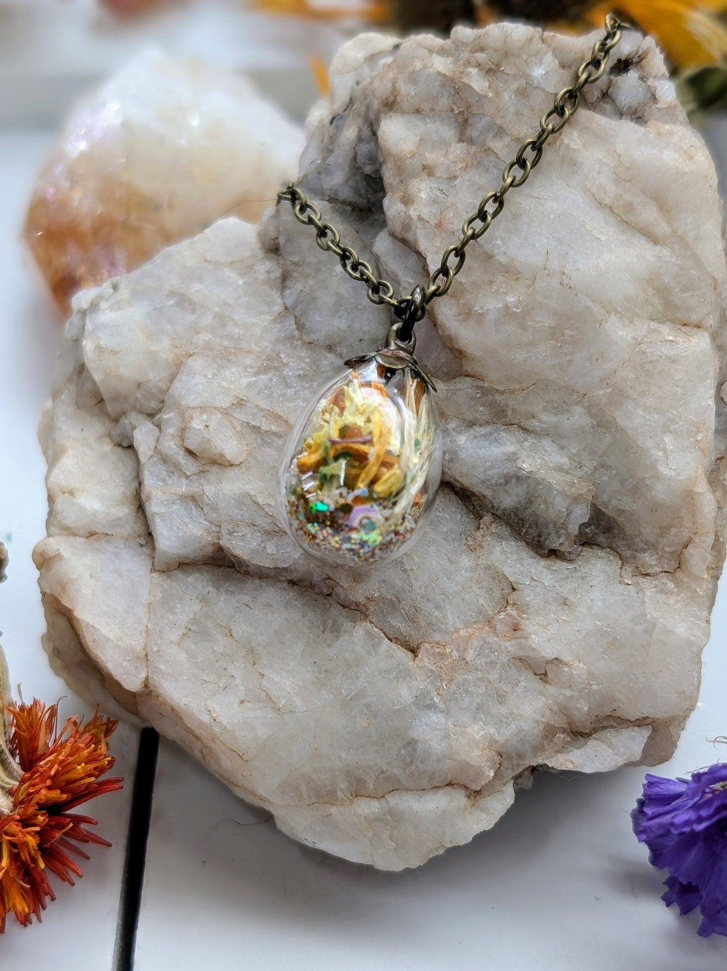 Unique Handcrafted Floral Necklace with Topaz Crystals and Wildflowers