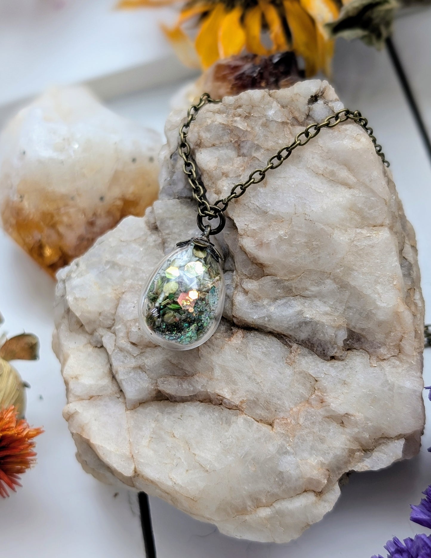 Unique Handcrafted Floral Necklace with Peridot Crystals and Wildflowers